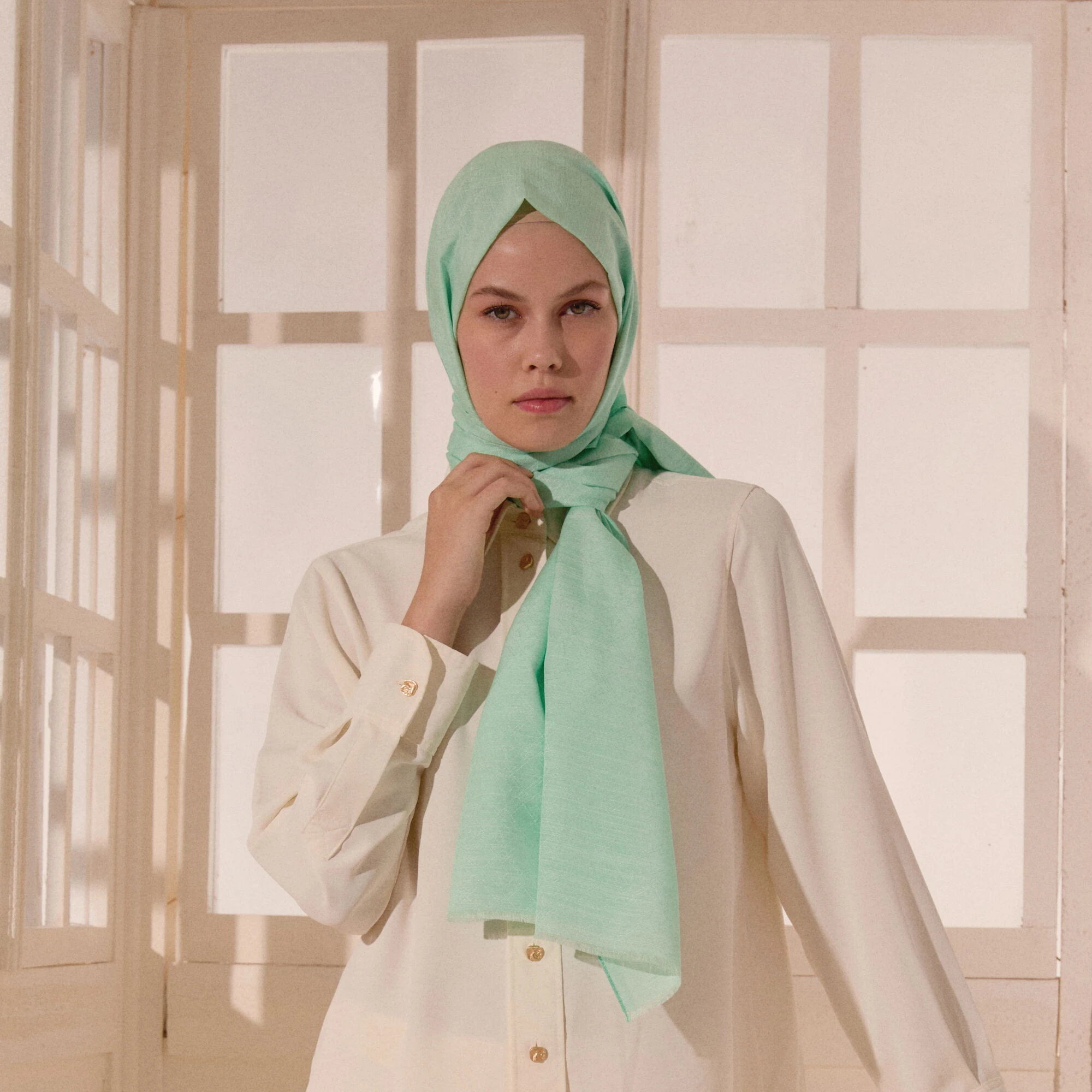 Su Yeşili Monogram Desen V Jakarlı Pamuk İpek Şal