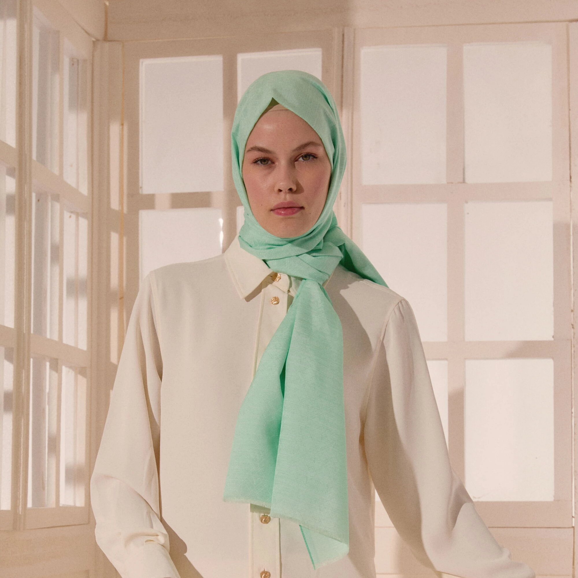 Su Yeşili Monogram Desen V Jakarlı Pamuk İpek Şal