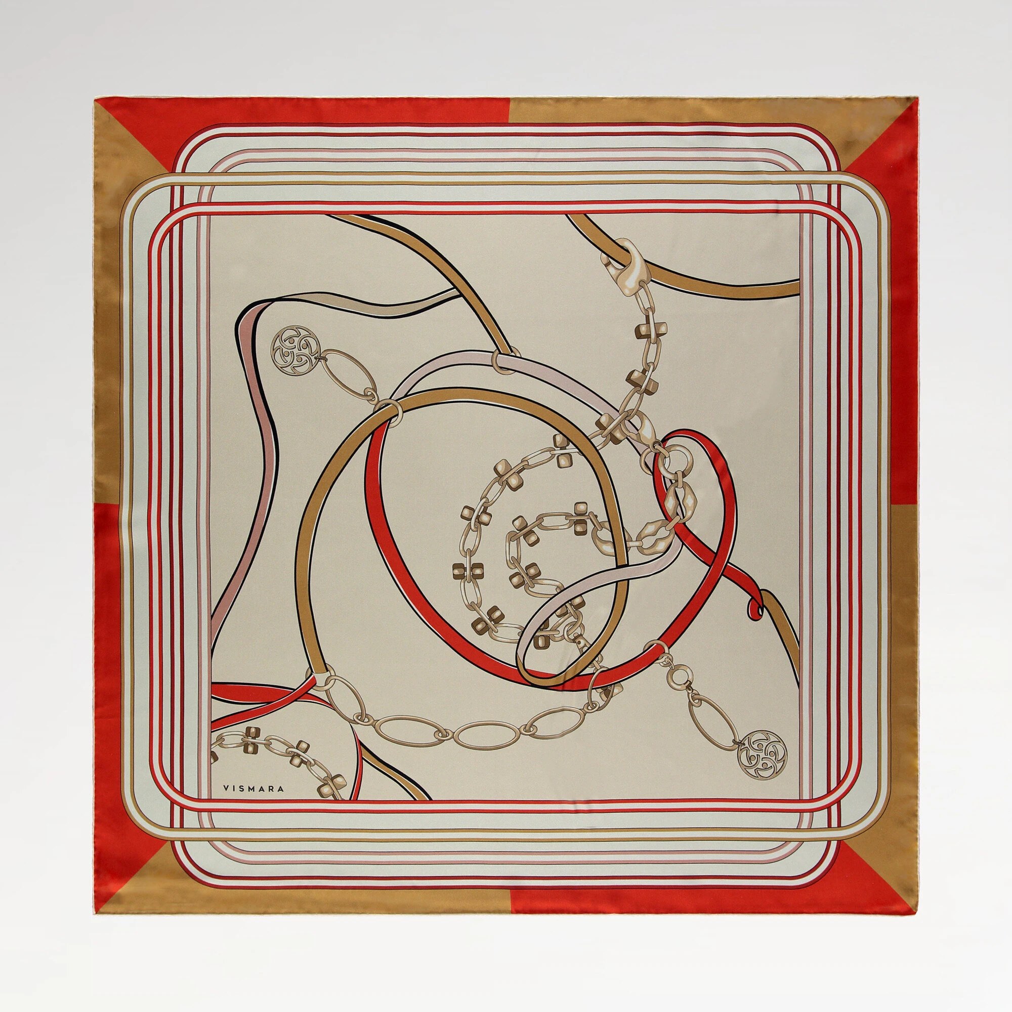 Kırmızı Monogram ve Zincir Desenli Twill İpek Eşarp