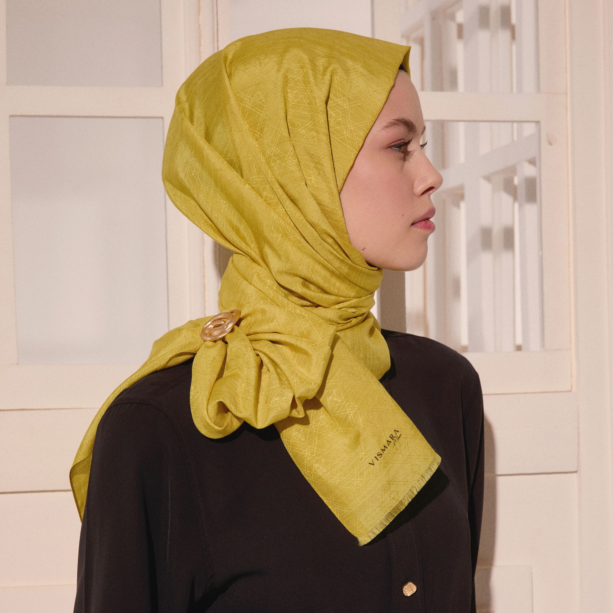 Sarı Monogram Desen V Jakarlı Pamuk İpek Şal