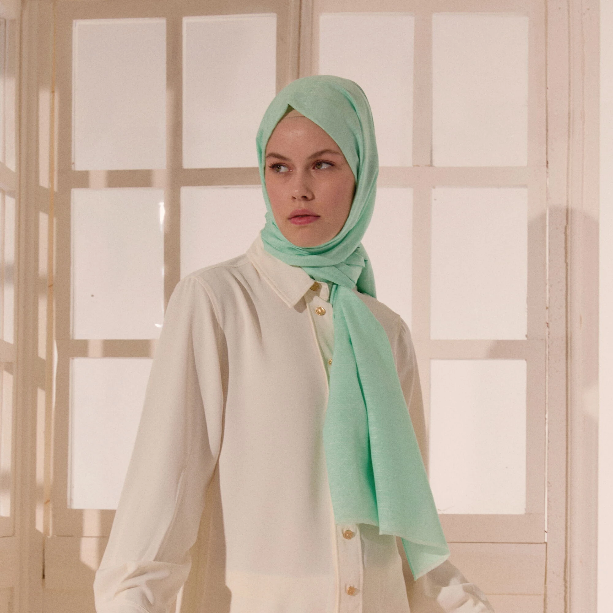 Su Yeşili Monogram Desen V Jakarlı Pamuk İpek Şal