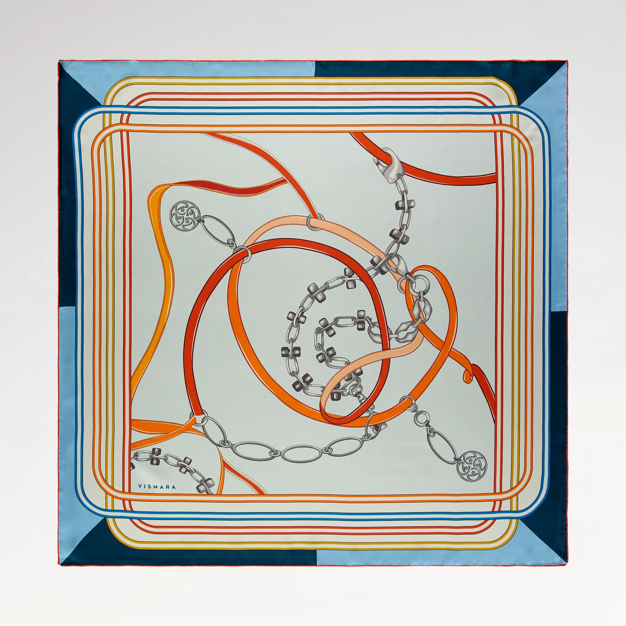 Lacivert Monogram ve Zincir Desenli Twill İpek Eşarp