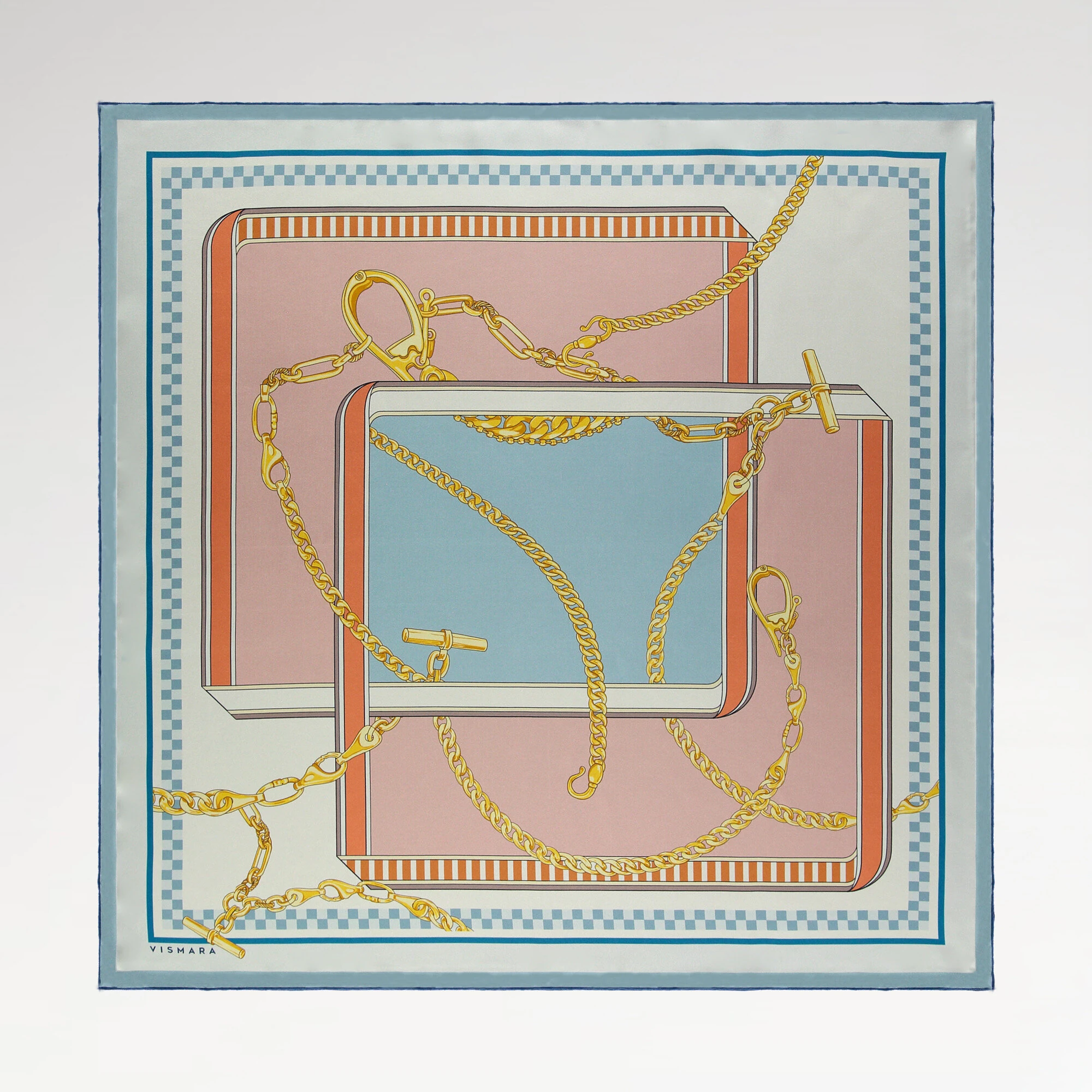 Pembe Mavi Zincirlerin Dansı Desenli Twill İpek Eşarp