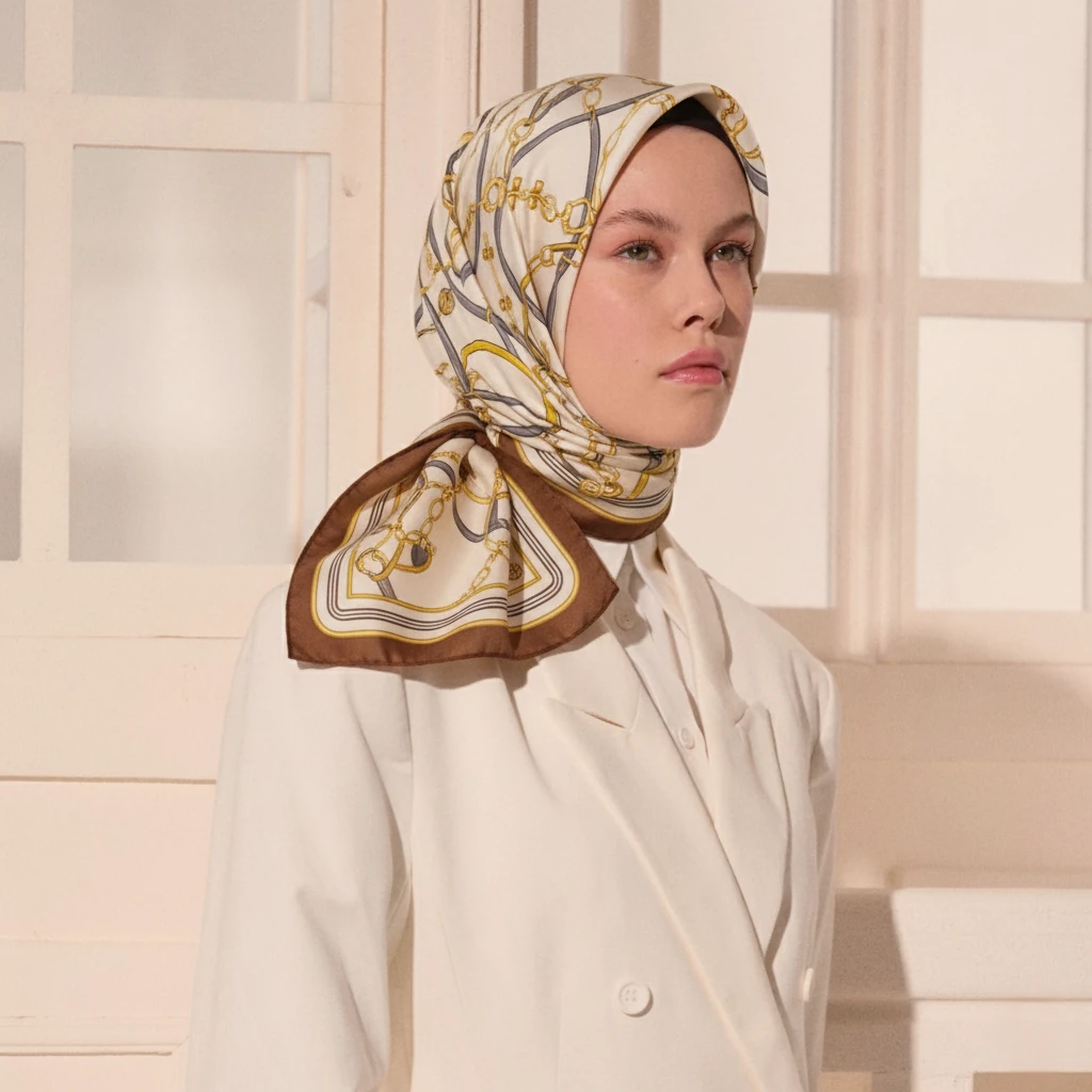 Krem Monogram ve Zincir Desenli Twill İpek Eşarp