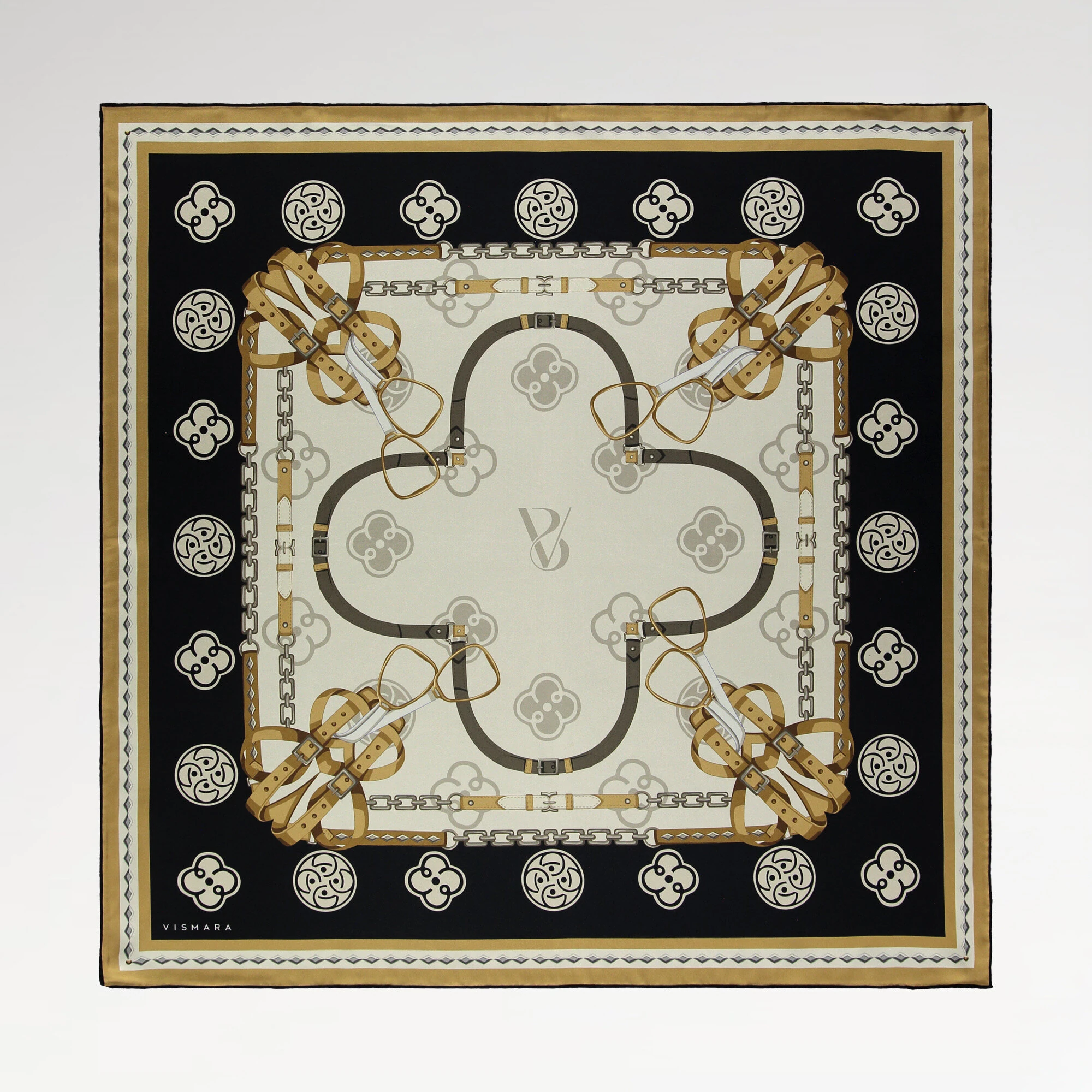 Siyah Vismara Monogram Zincir Desenli Twill İpek Eşarp