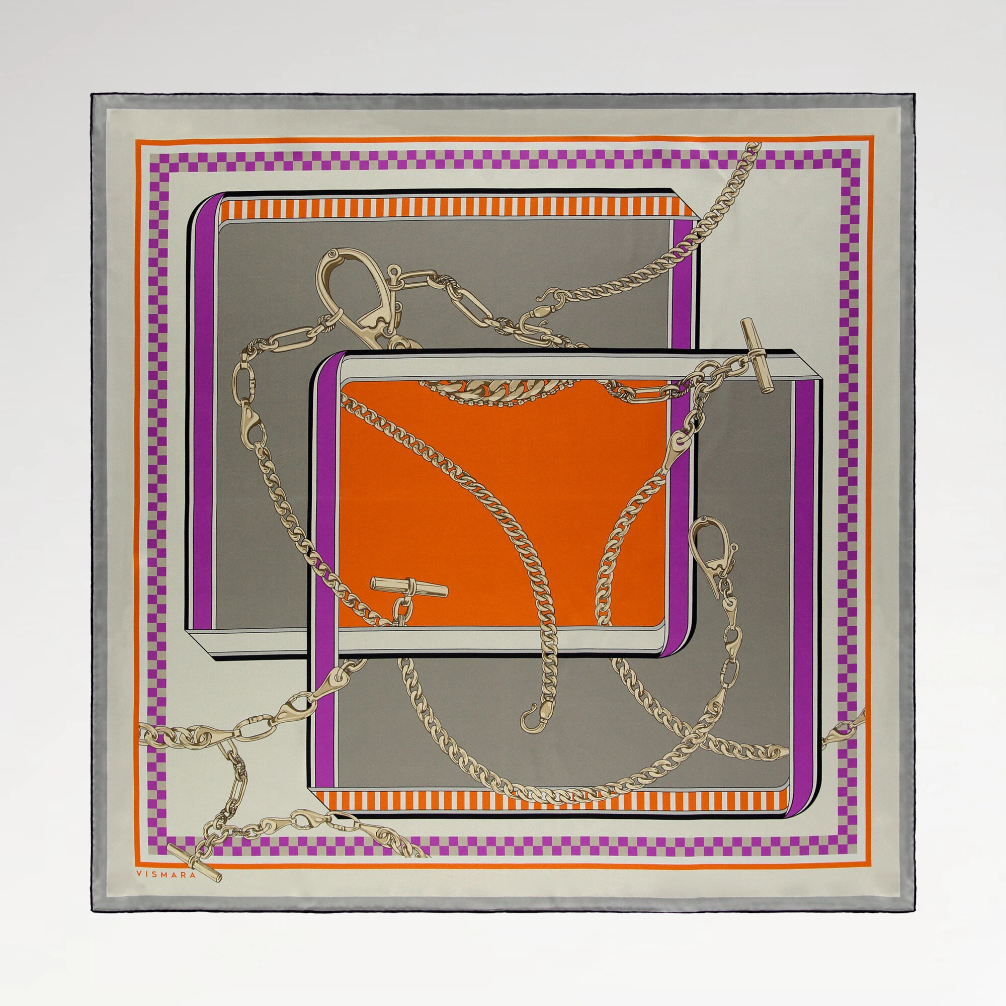 Gri Turuncu Zincirlerin Dansı Desenli Twill İpek Eşarp