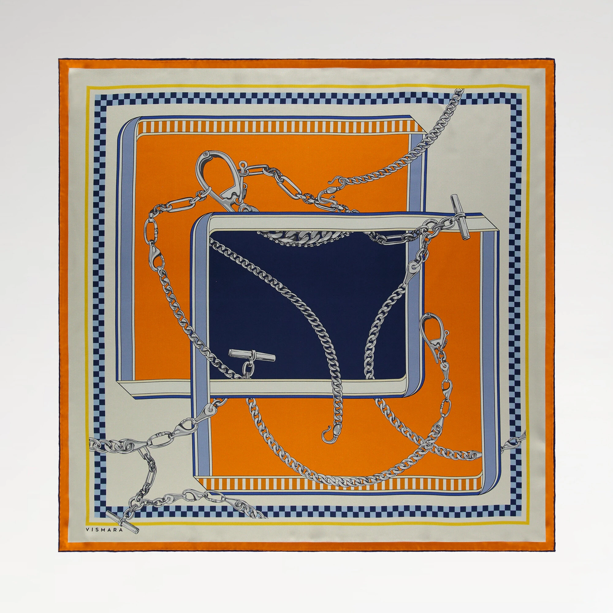 Turuncu Lacivert Zincirlerin Dansı Desenli Twill İpek Eşarp