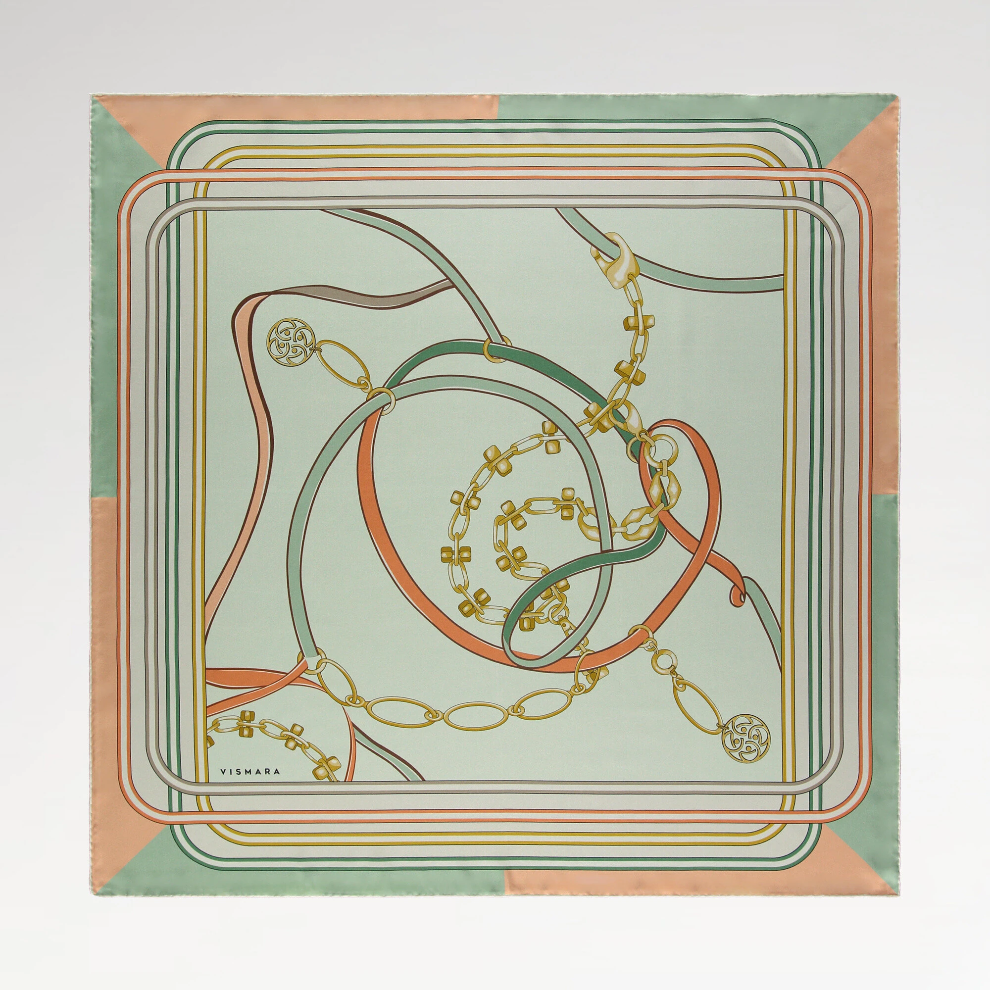 Mint Monogram ve Zincir Desenli Twill İpek Eşarp