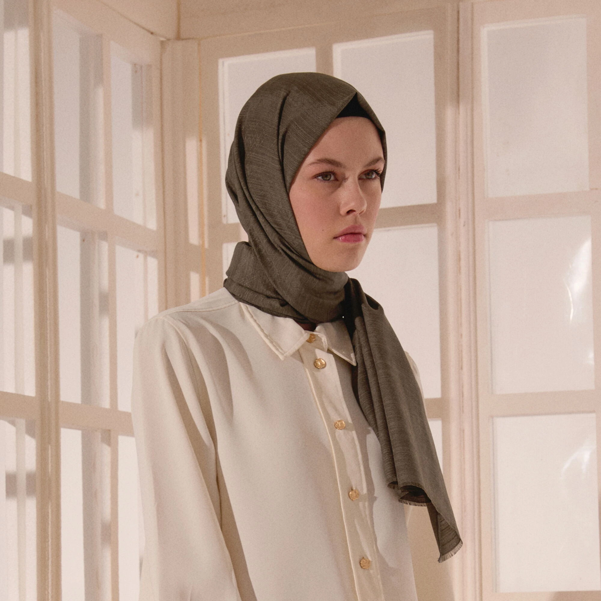 Füme Monogram Desen V Jakarlı Pamuk İpek Şal