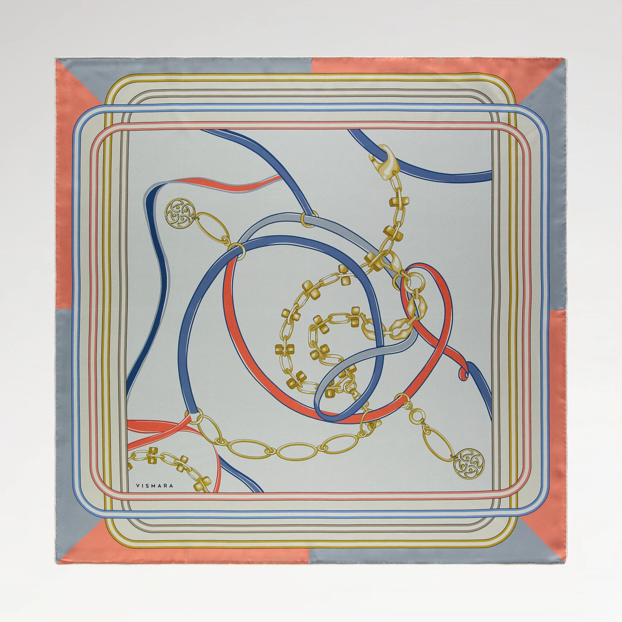 Gri Monogram ve Zincir Desenli Twill İpek Eşarp