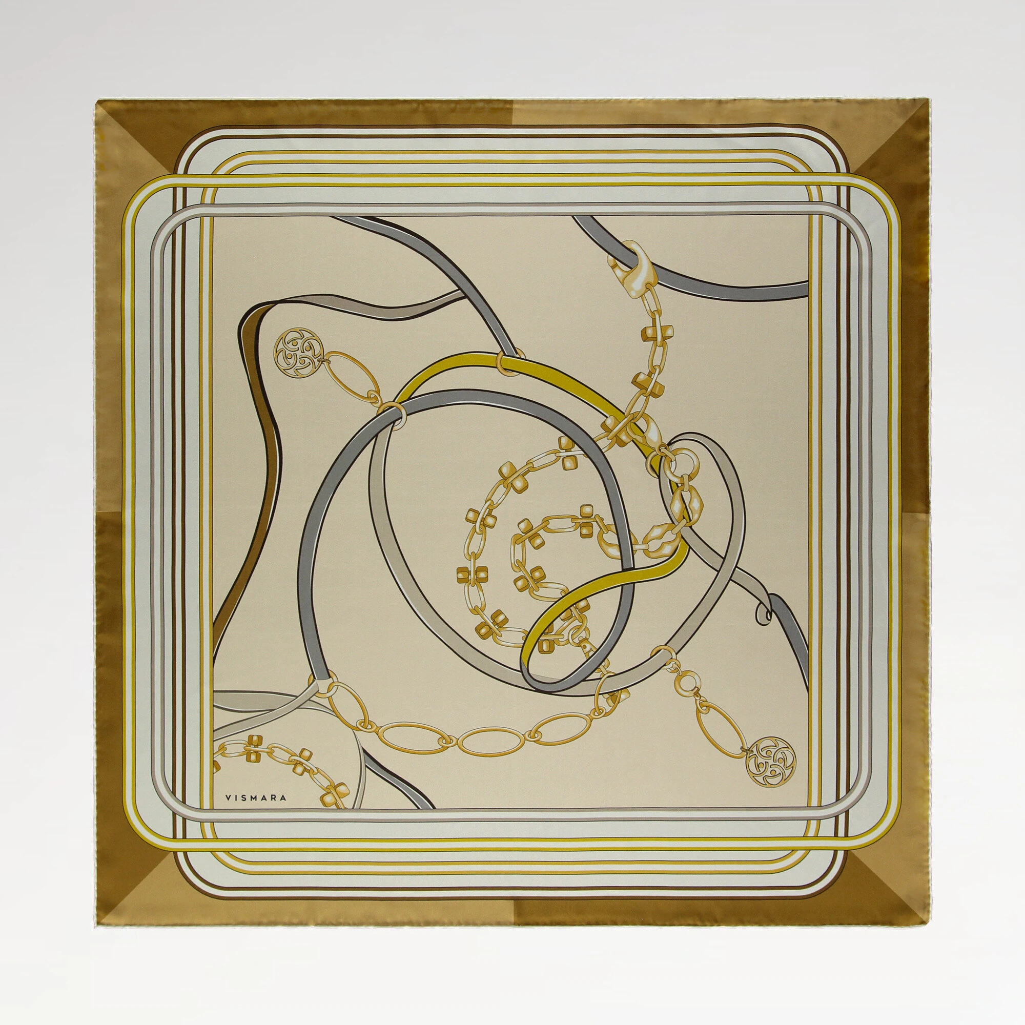 Krem Monogram ve Zincir Desenli Twill İpek Eşarp