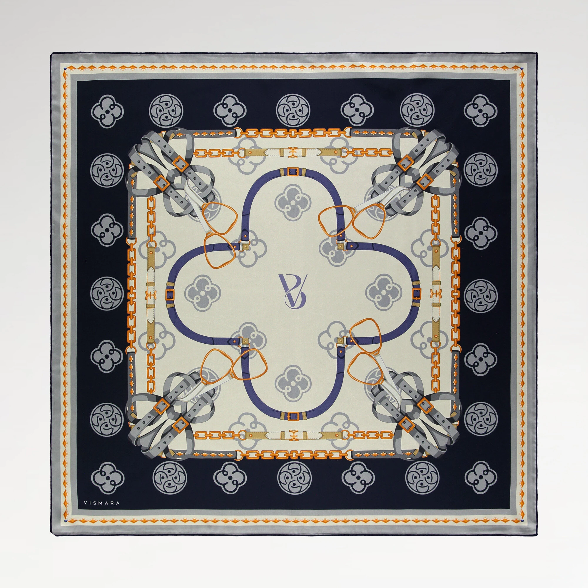 Lacivert Vismara Monogram Zincir Desenli Twill İpek Eşarp