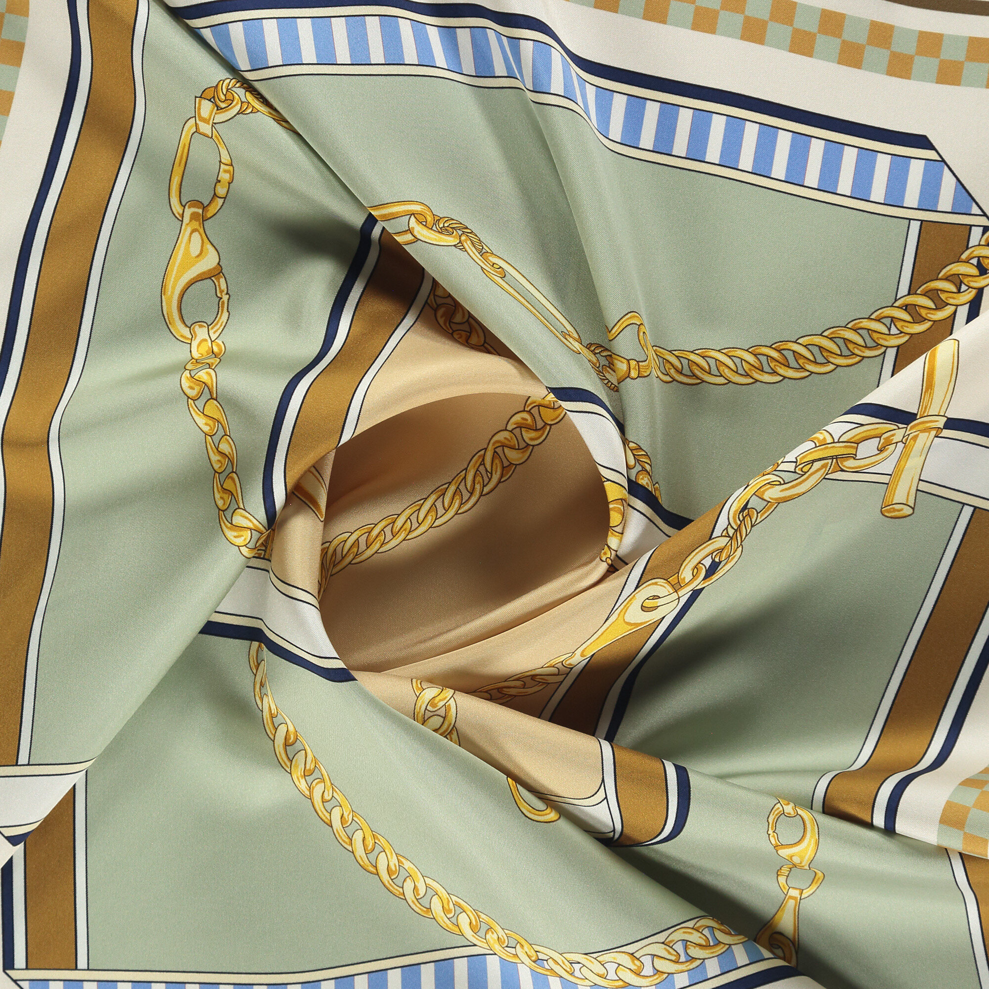 Yeşil Bej Zincirlerin Dansı Desenli Twill İpek Eşarp