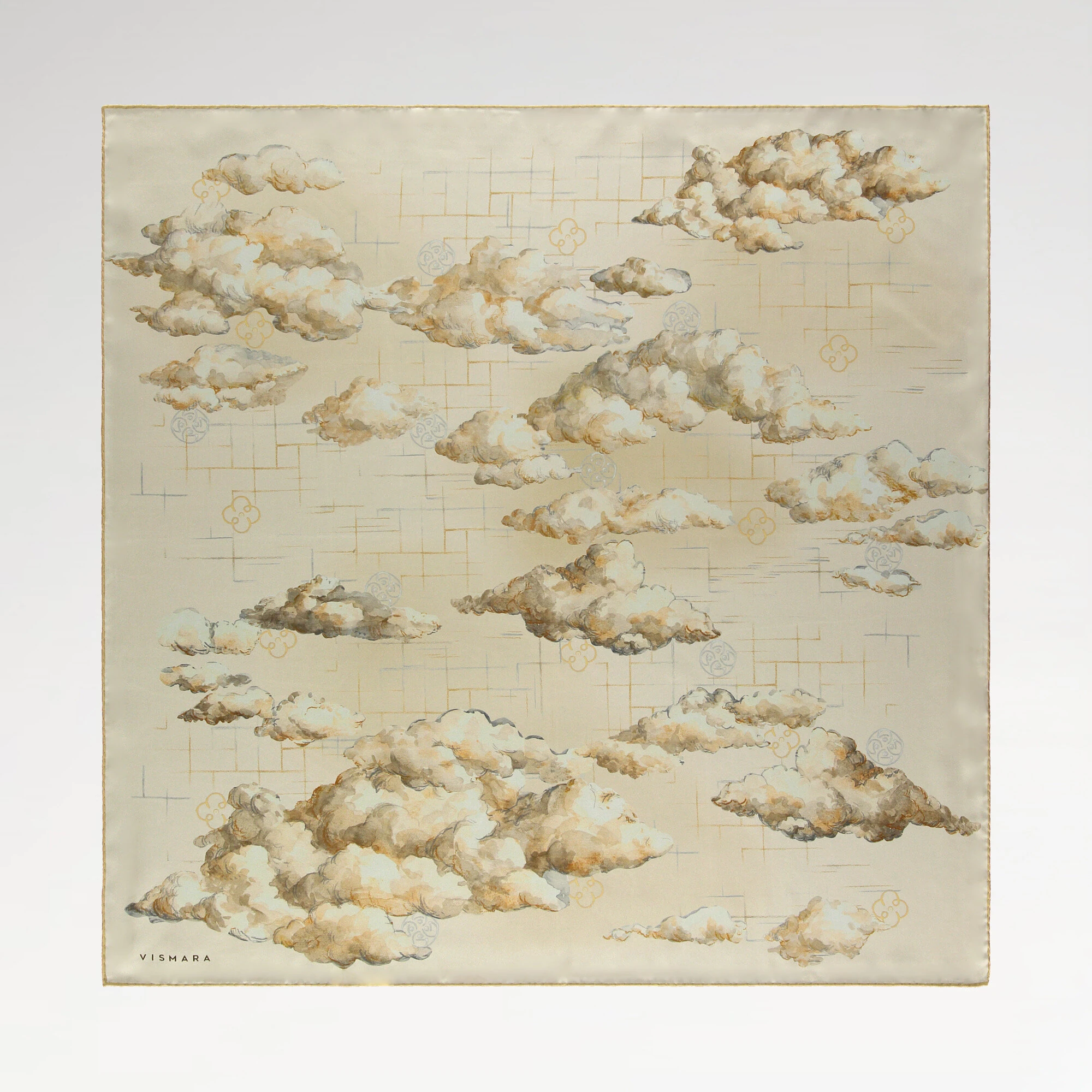 Krem Bulutların Dansı Desenli Twill İpek Eşarp