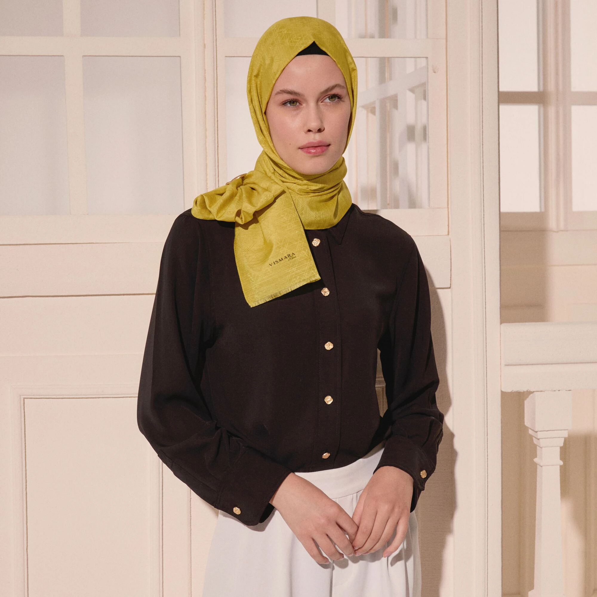 Sarı Monogram Desen V Jakarlı Pamuk İpek Şal