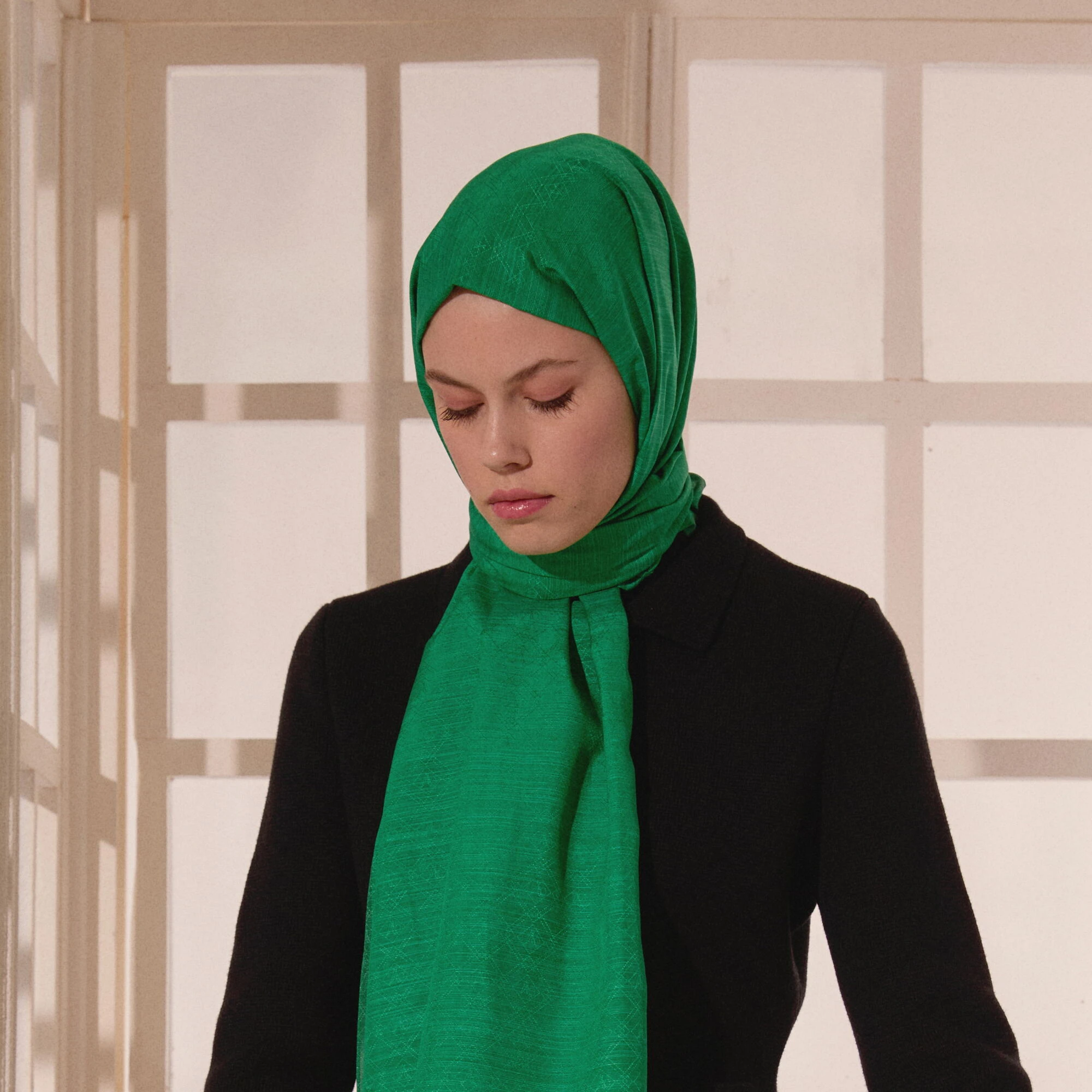 Zümrüt Yeşili Monogram Desen V Jakarlı Pamuk İpek Şal