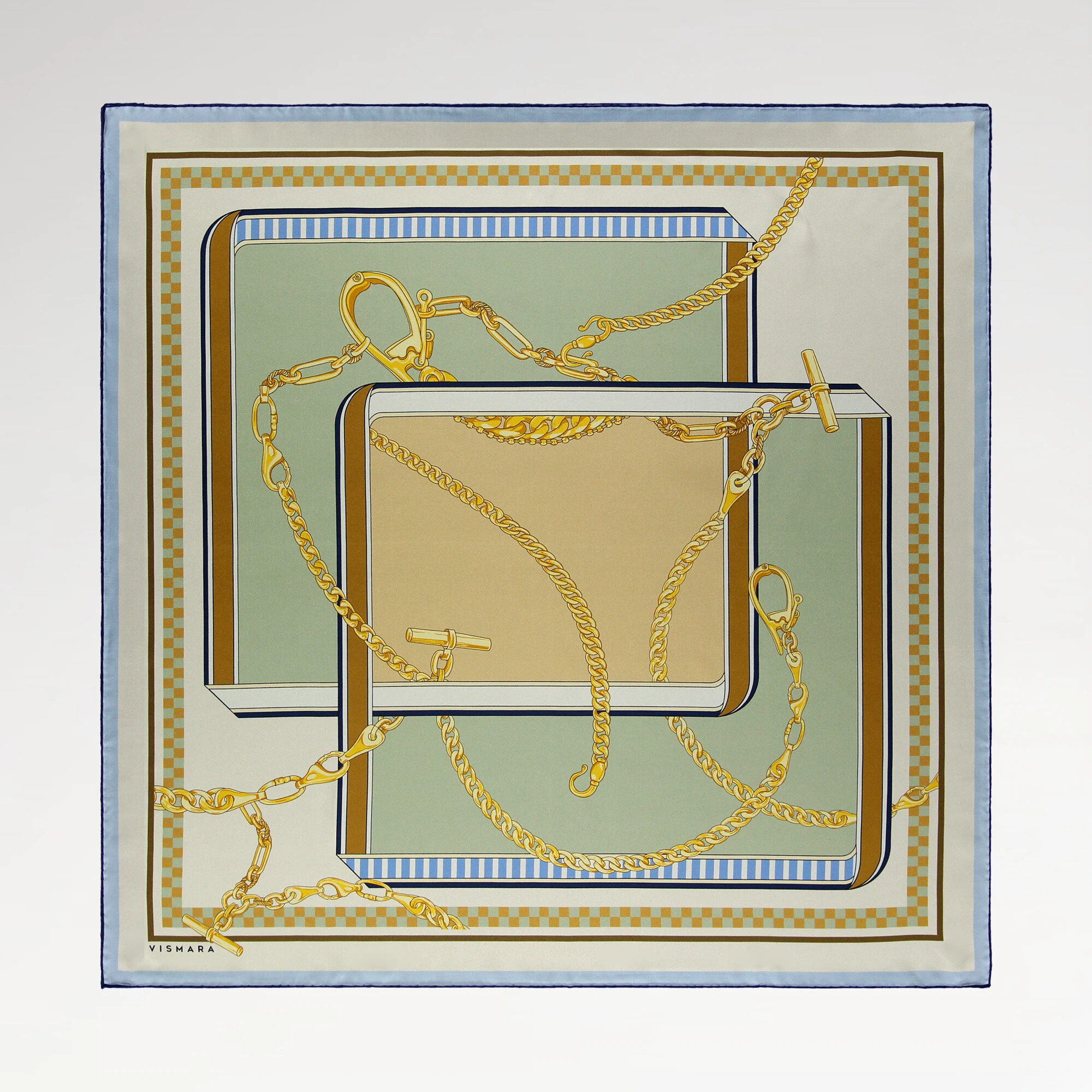 Yeşil Bej Zincirlerin Dansı Desenli Twill İpek Eşarp