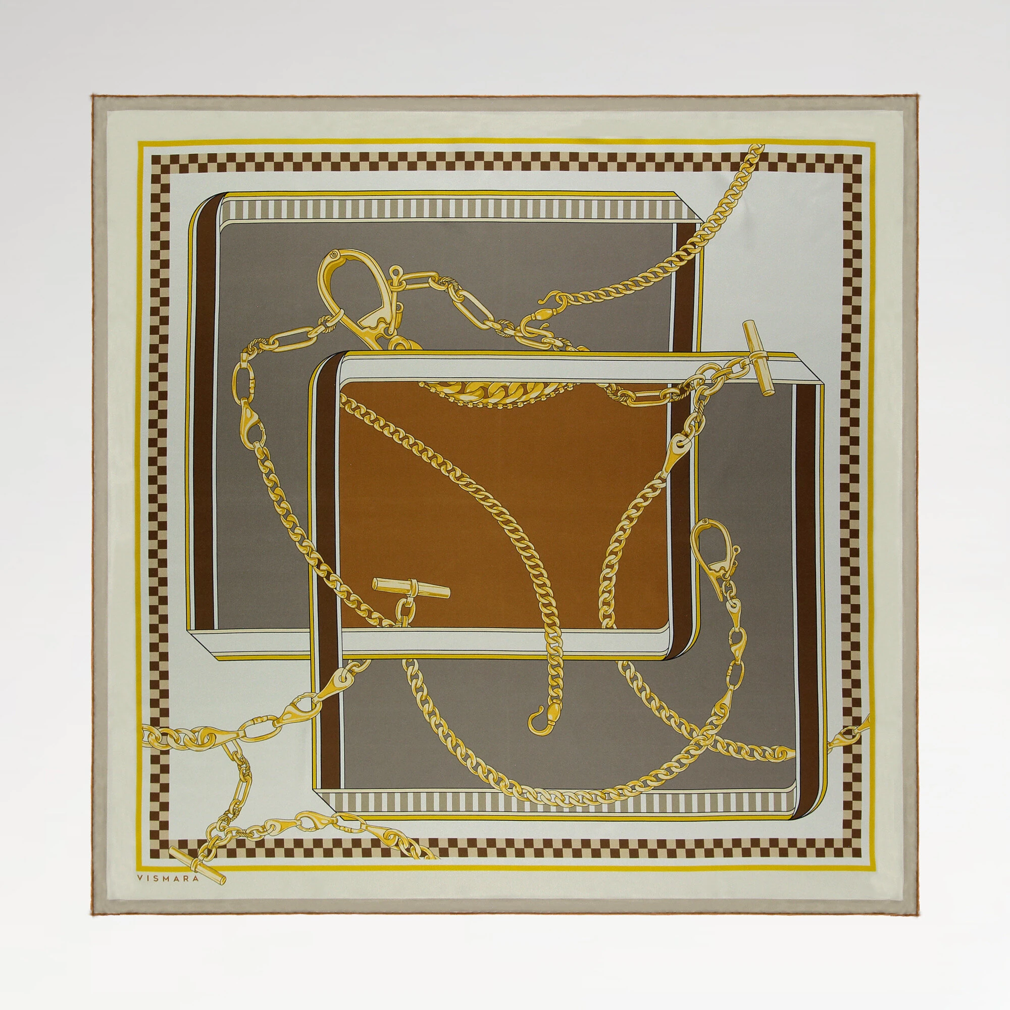 Gri Kahve Zincirlerin Dansı Desenli Twill İpek Eşarp