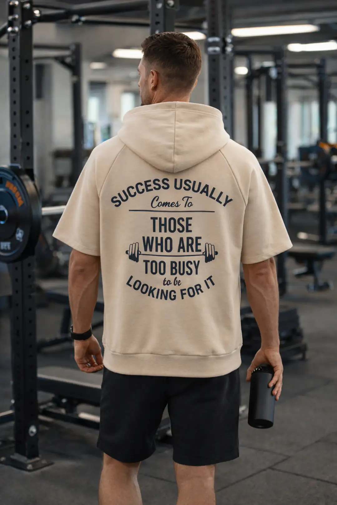 Erkek Bej Kapüşonlu Kısa Kollu Hoodie