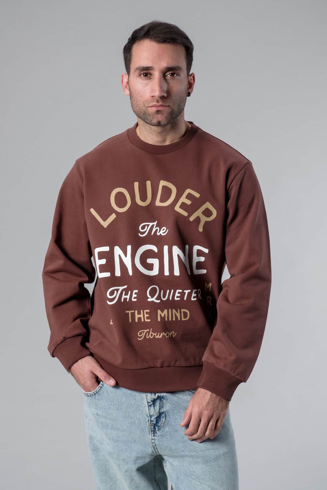 Baskılı Bisiklet Yaka Kahverengi Sweatshirt