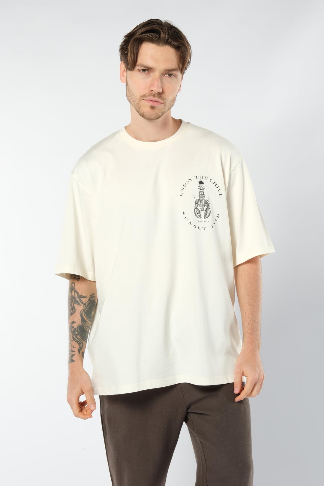Baskılı Erkek Ekru Oversize Tişört