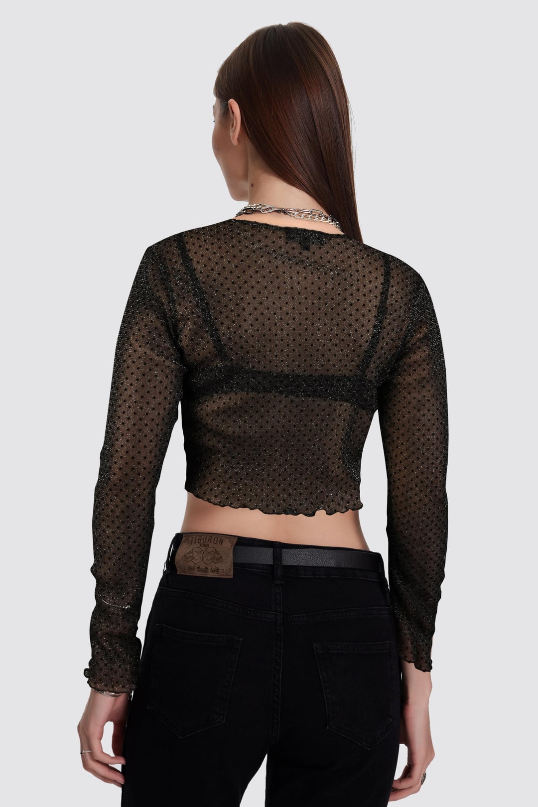 Parlak Puantiyeli Siyah Transparan Tül Body