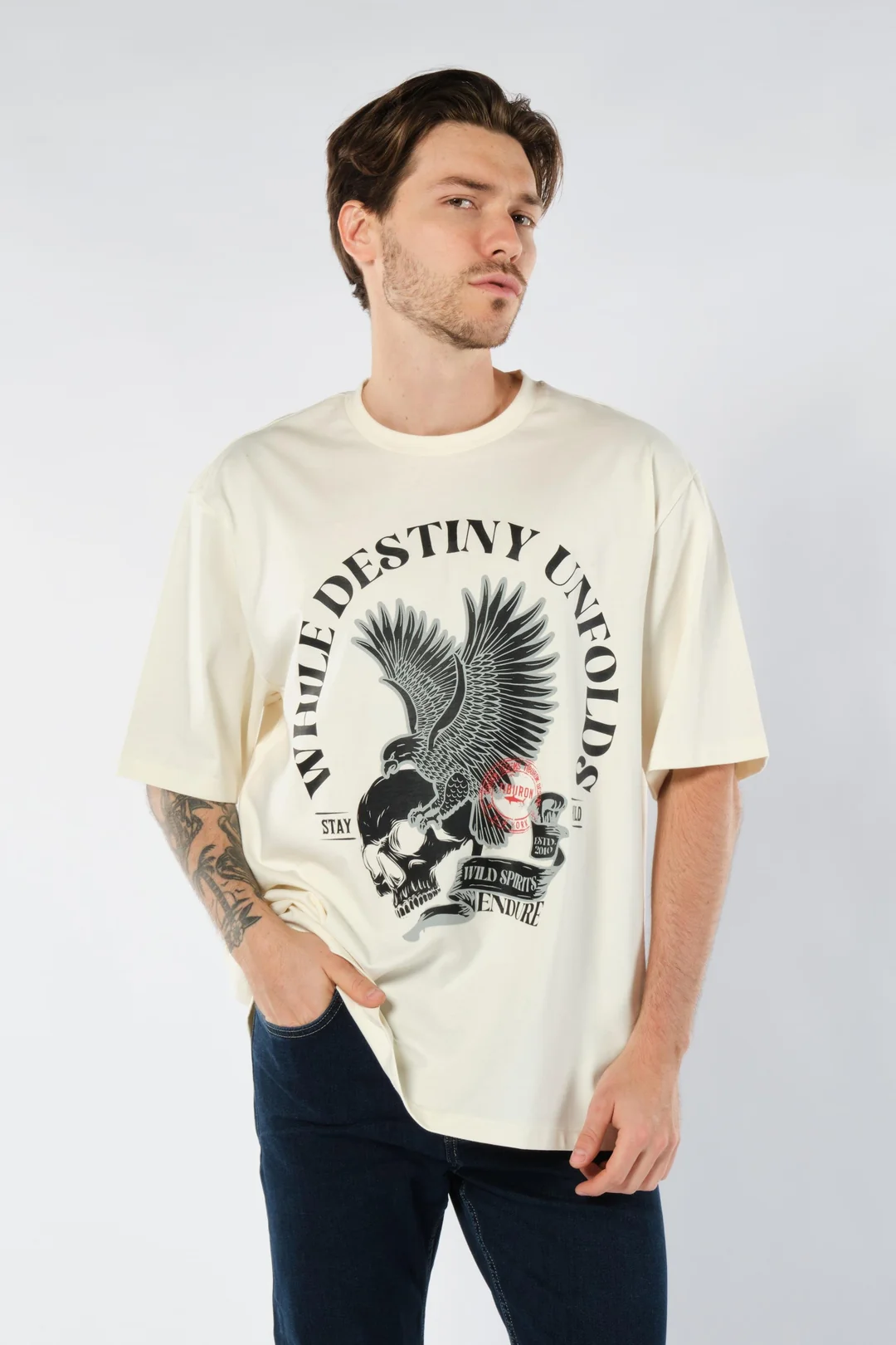 Önü Kartal Baskılı Erkek Ekru Oversize Tişört