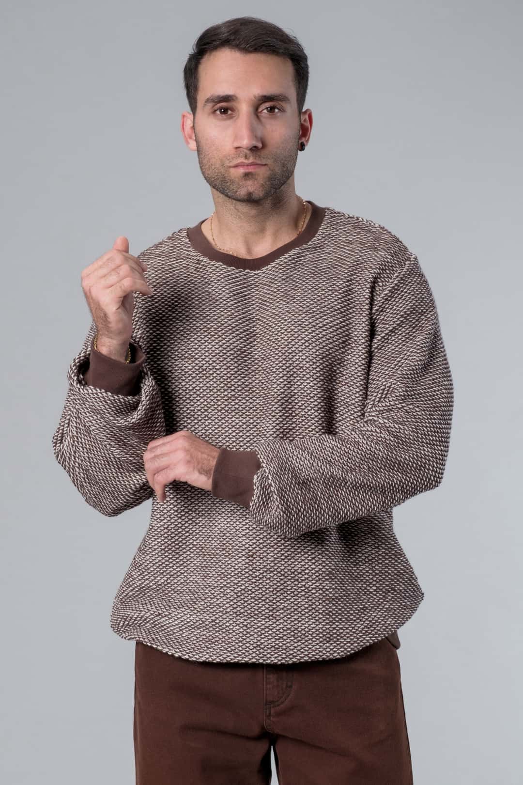 Bisiklet Yaka Kahverengi Jakarlı Kazak