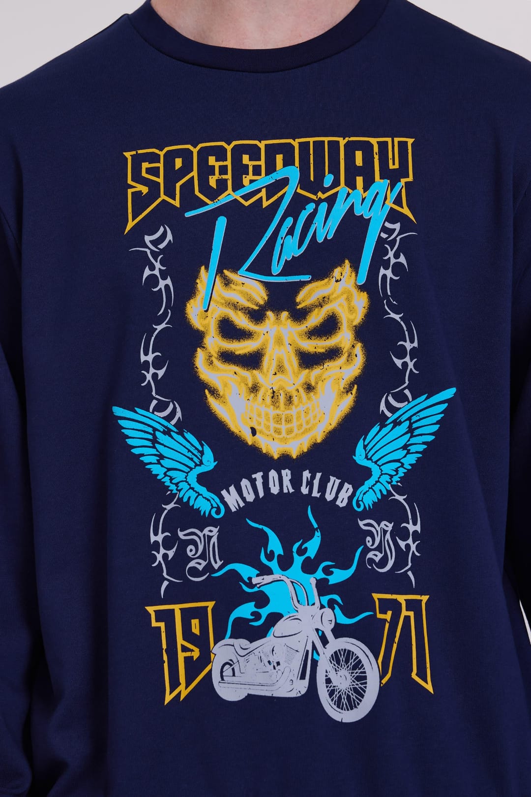 Lacivert Baskılı Bisiklet Yakalı Erkek Sweatshirt