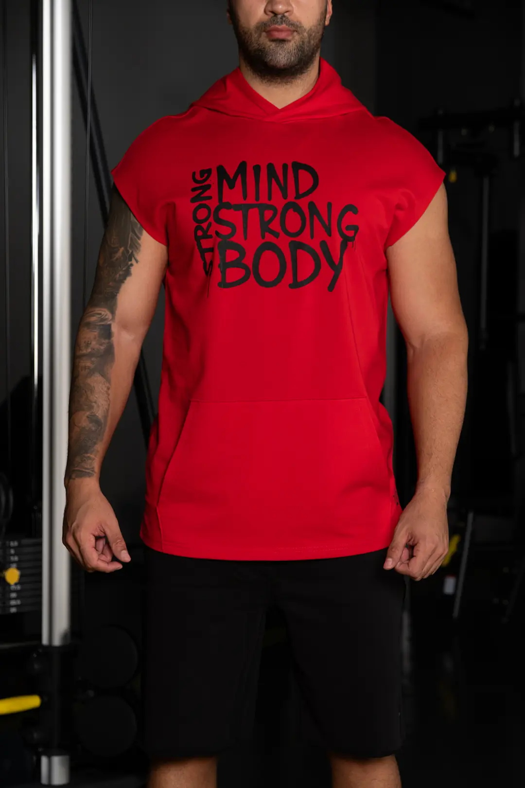 Baskılı Kapüşonlu Kırmızı Kolsuz Sweatshirt