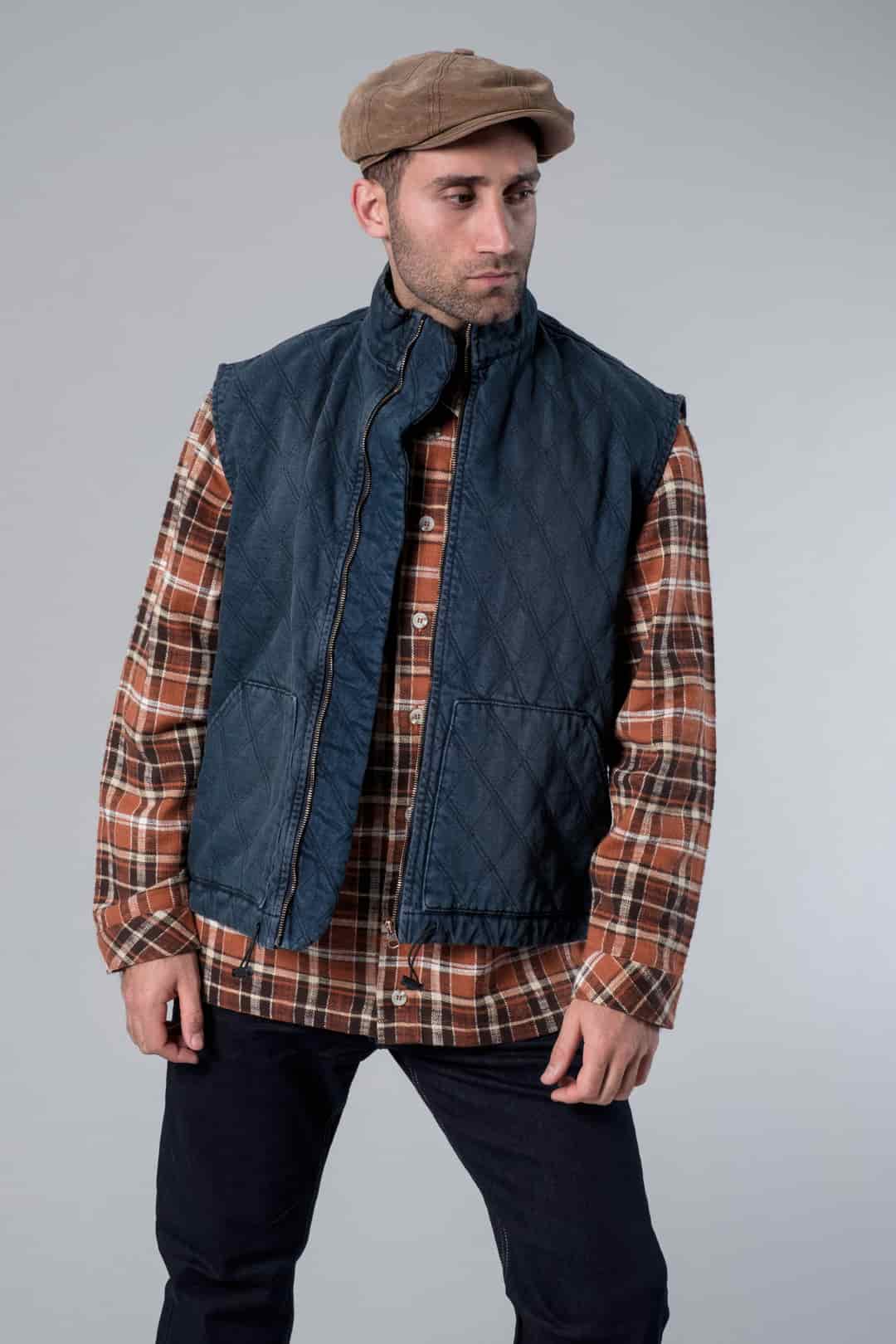 Koyu Lacivert Fermuarlı Kapitone Denim Yelek