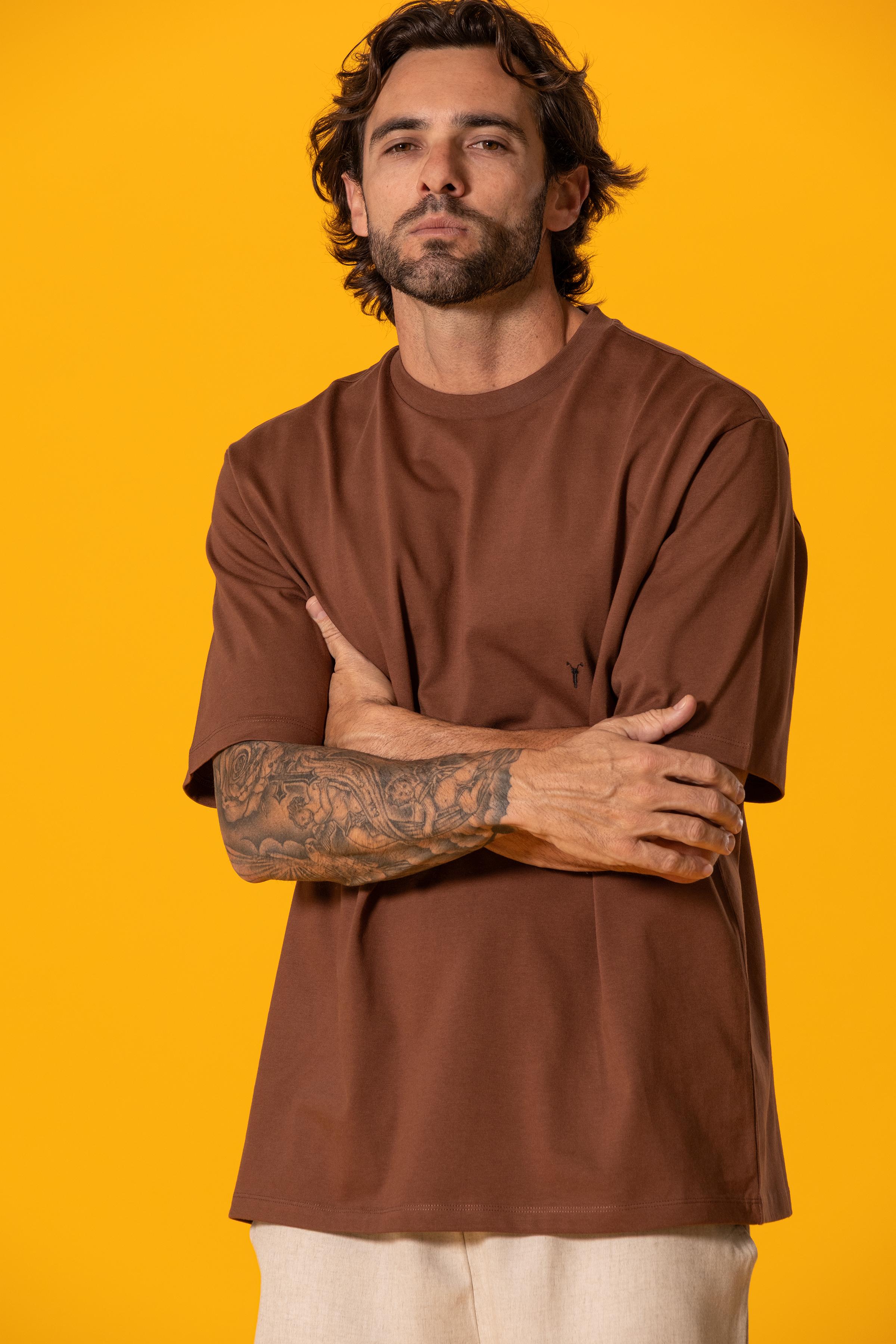 Bisiklet Yaka Kahverengi Oversize Tişört
