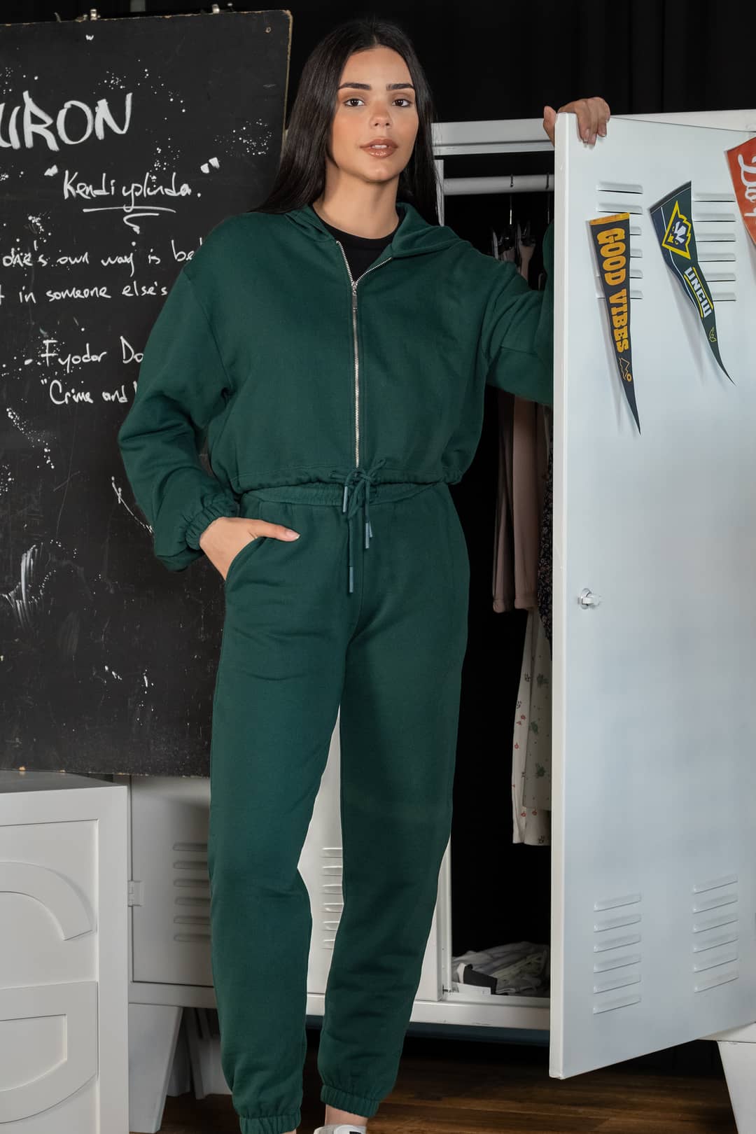 Fermuarlı Kapüşonlu Yeşil Crop Sweatshirt