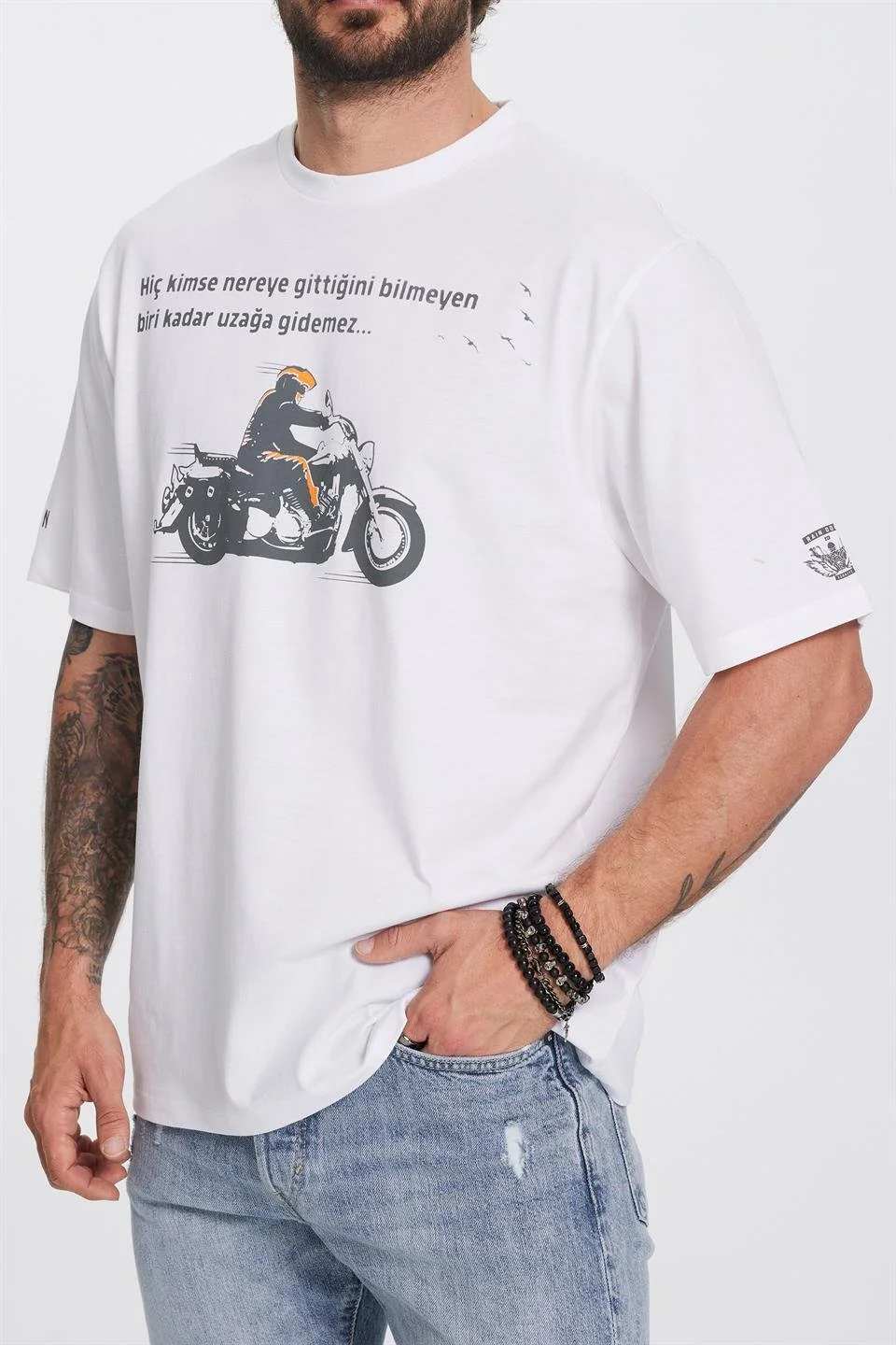 Motorcu Baskılı Beyaz Erkek Tişört