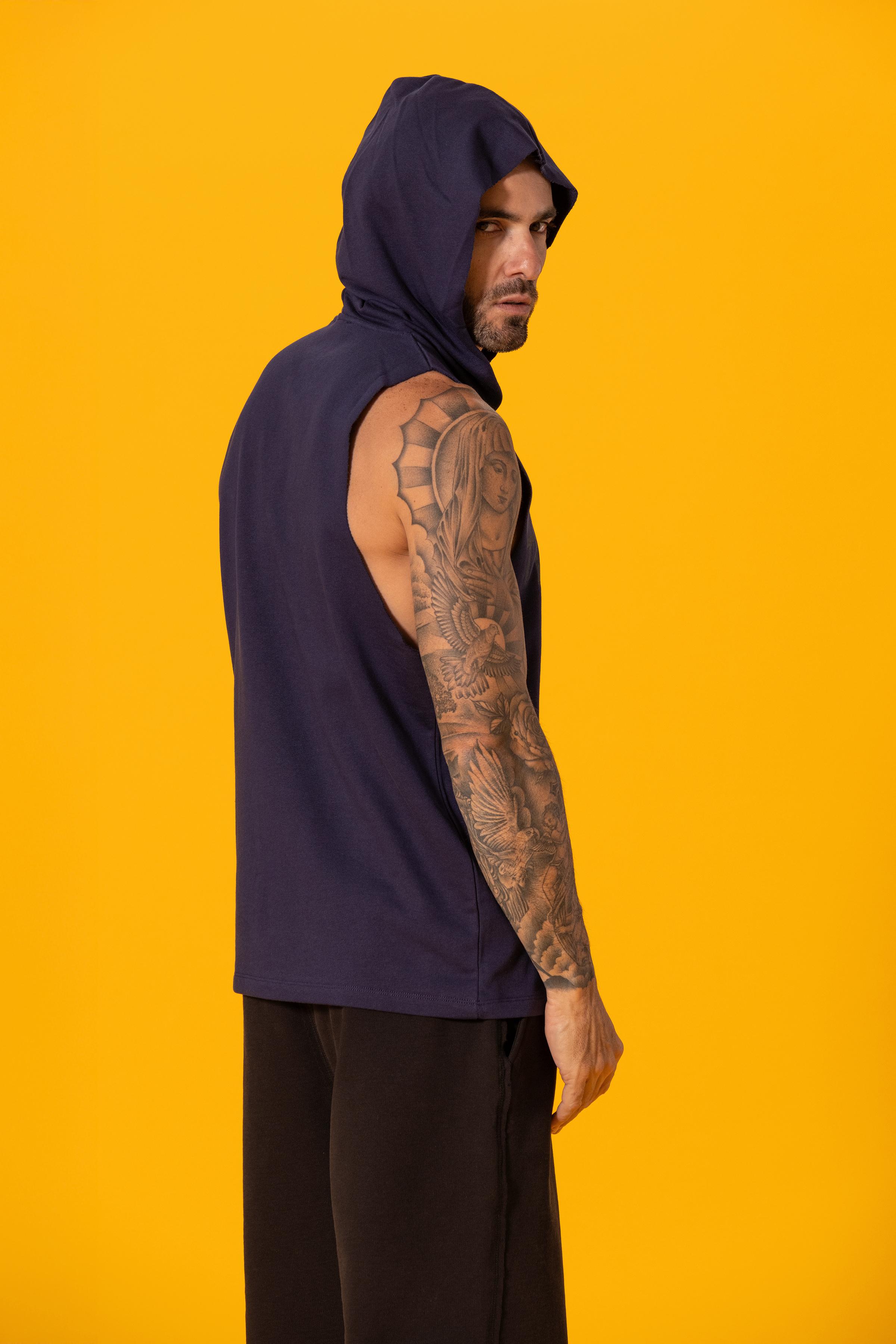 Tiburon Baskılı Lacivert Kapüşonlu Kolsuz Sweatshirt