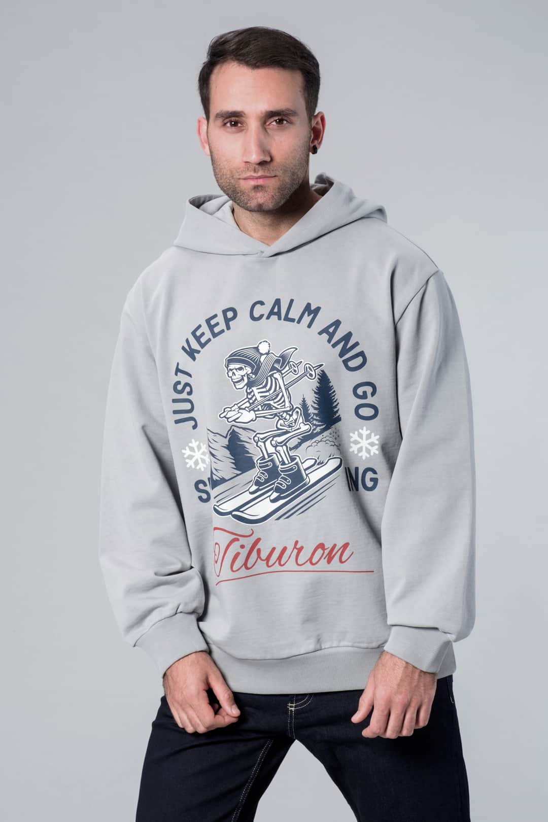 Kapüşonlu Baskılı Gri Oversize Hoodie