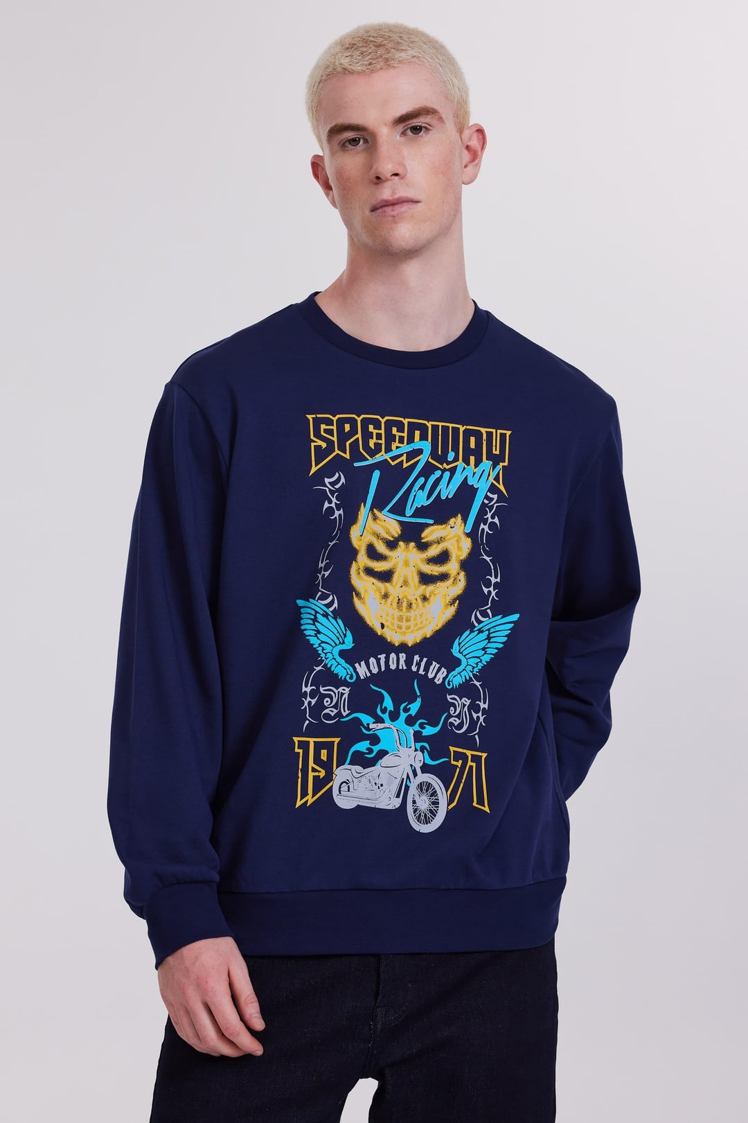 Lacivert Baskılı Bisiklet Yakalı Erkek Sweatshirt