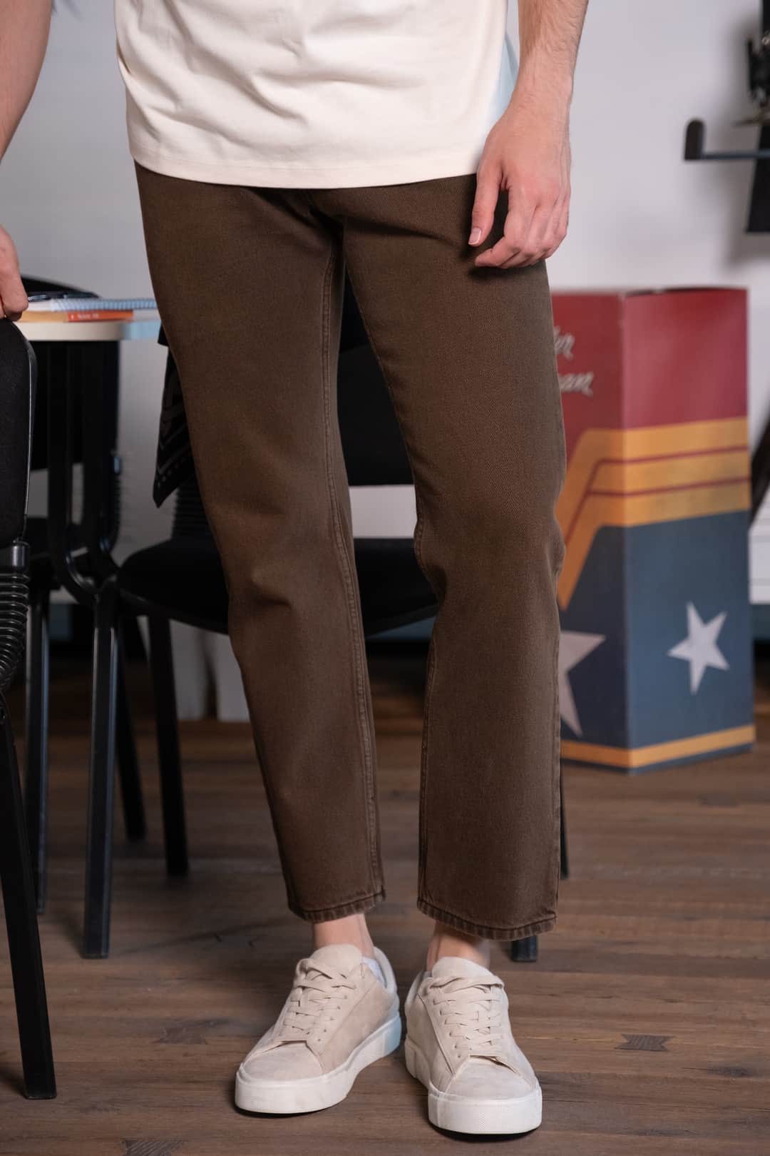 Erkek Düz Kesim Kahverengi Kot Pantolon