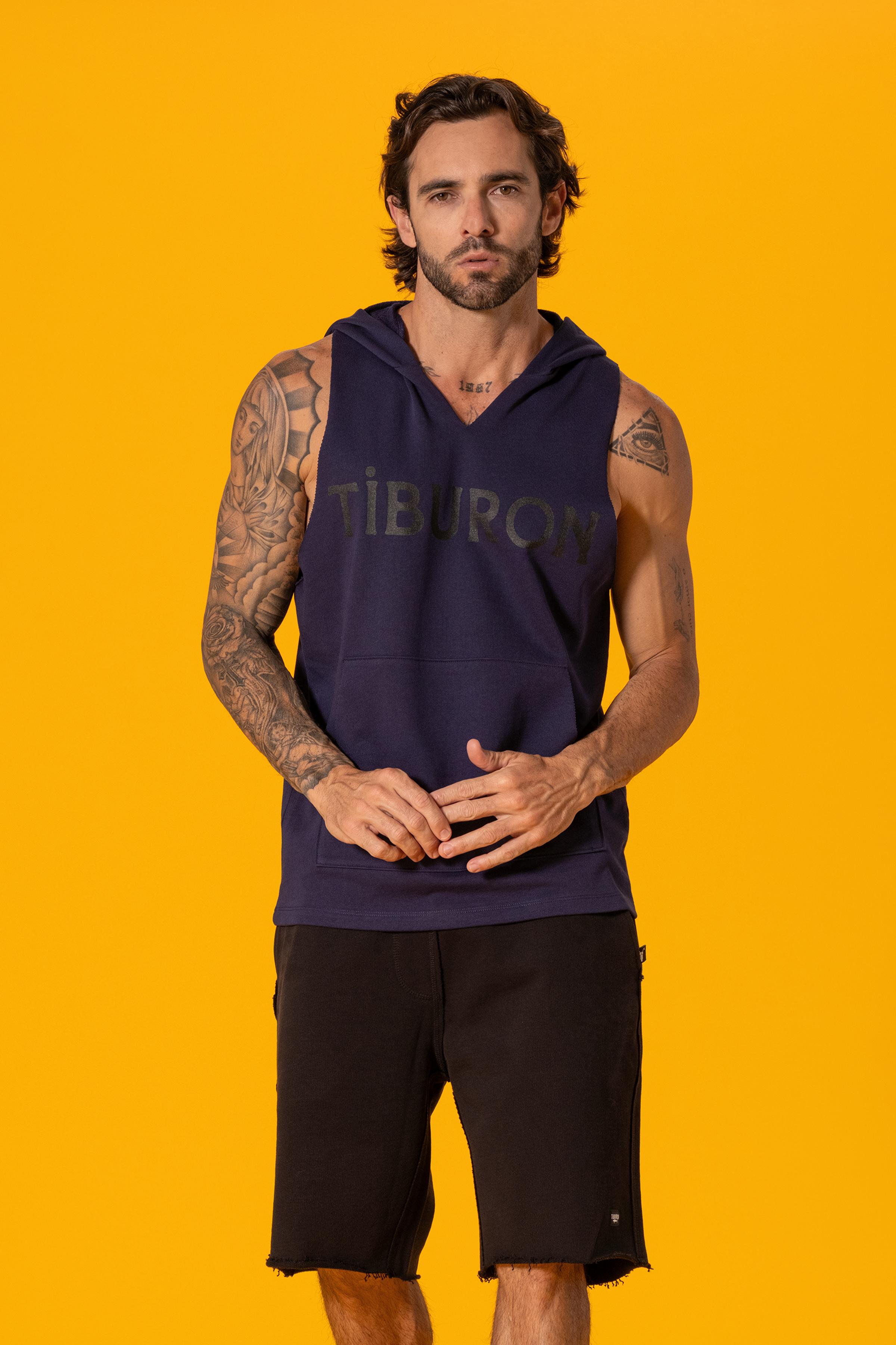 Tiburon Baskılı Lacivert Kapüşonlu Kolsuz Sweatshirt