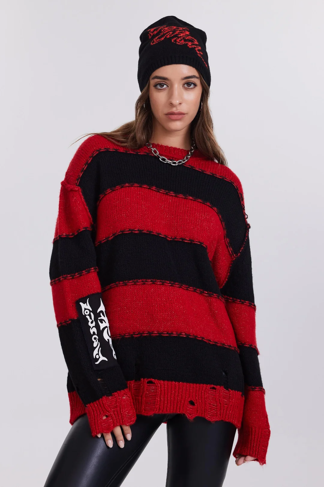 Kolu Yama Detaylı Kırmızı Çizgili Kadın Kazak