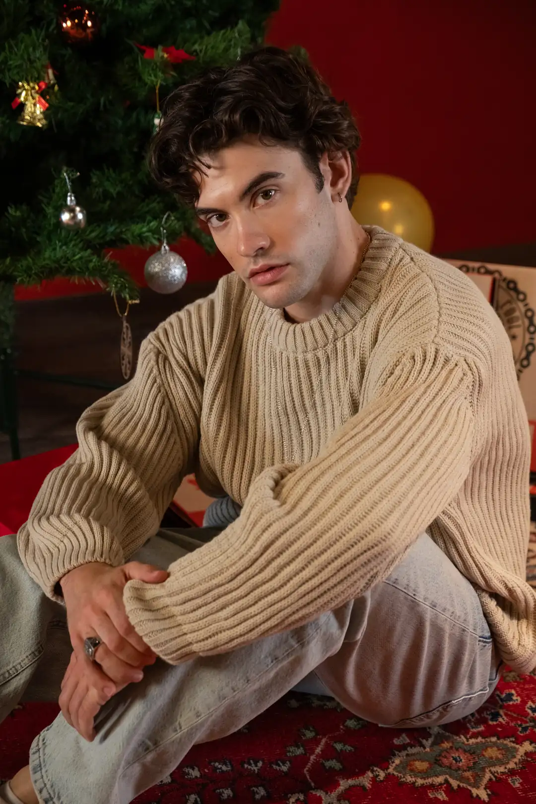 Bisiklet Yaka Bej Örme Kazak