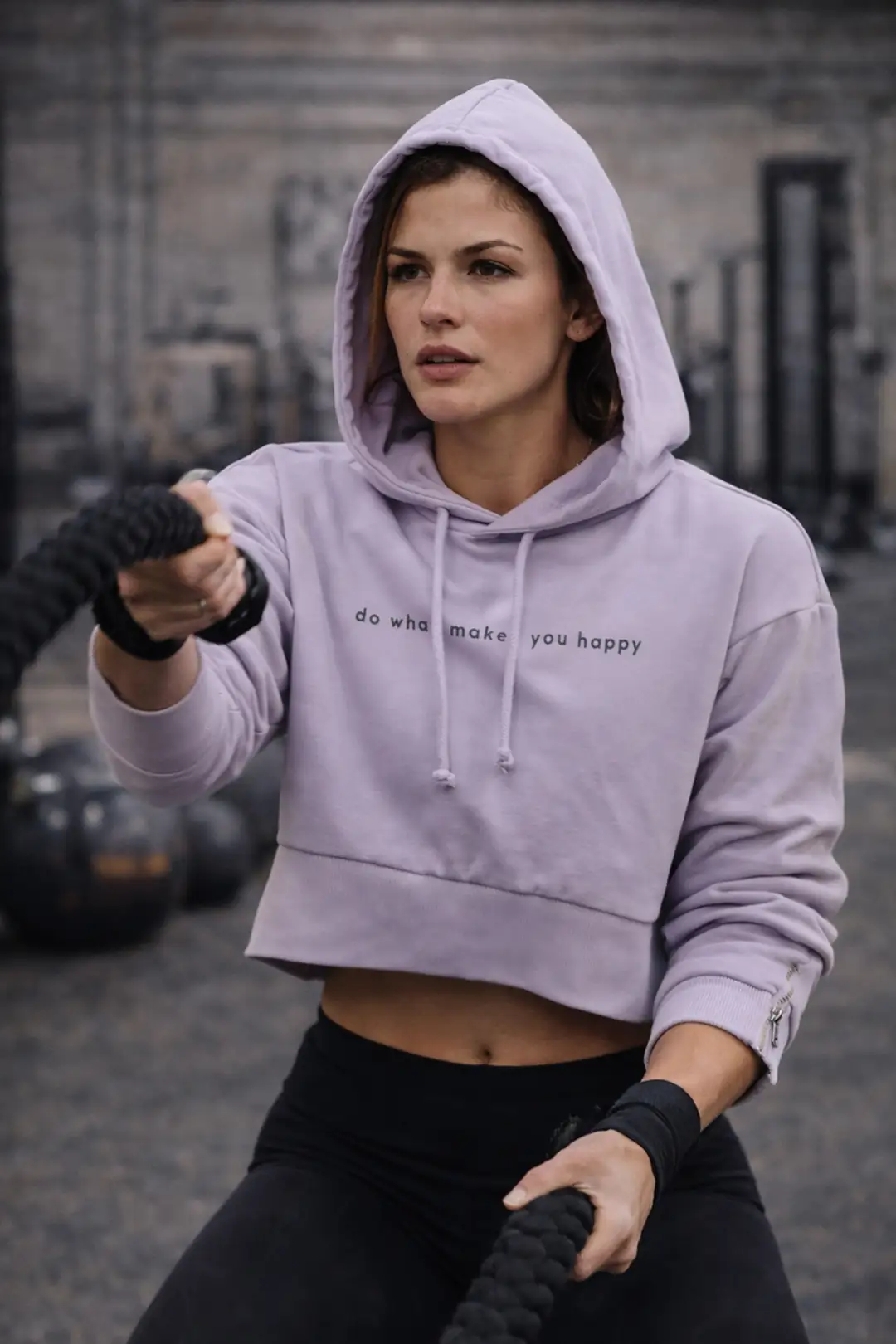 Kadın Lila Kapüşonlu Crop Hoodie