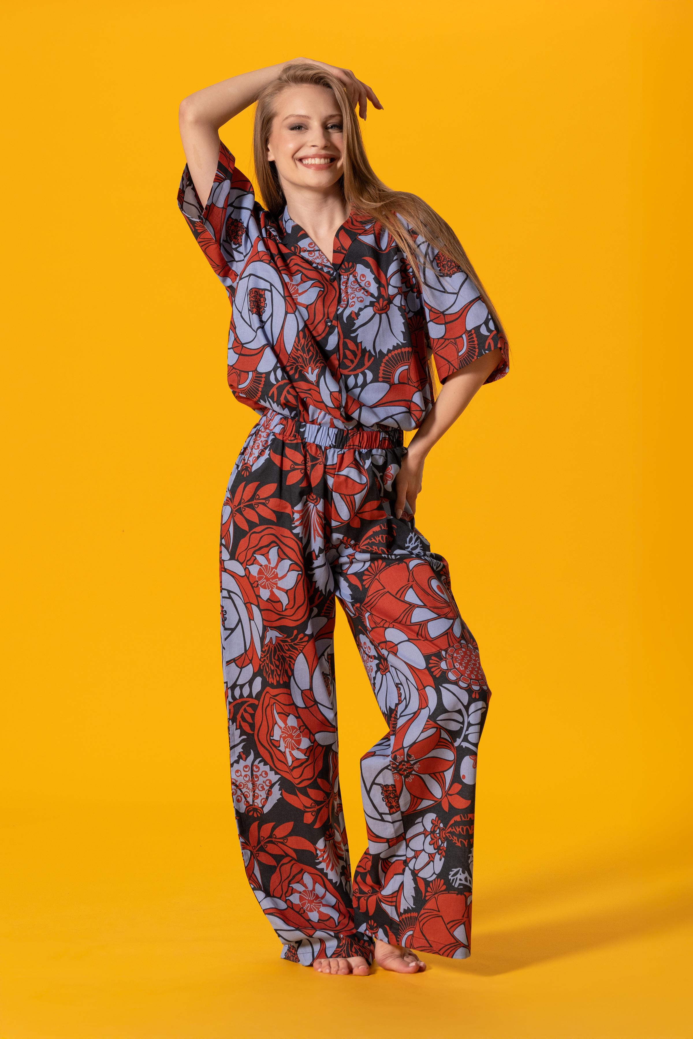Çiçek Desenli Poplin Pantolon