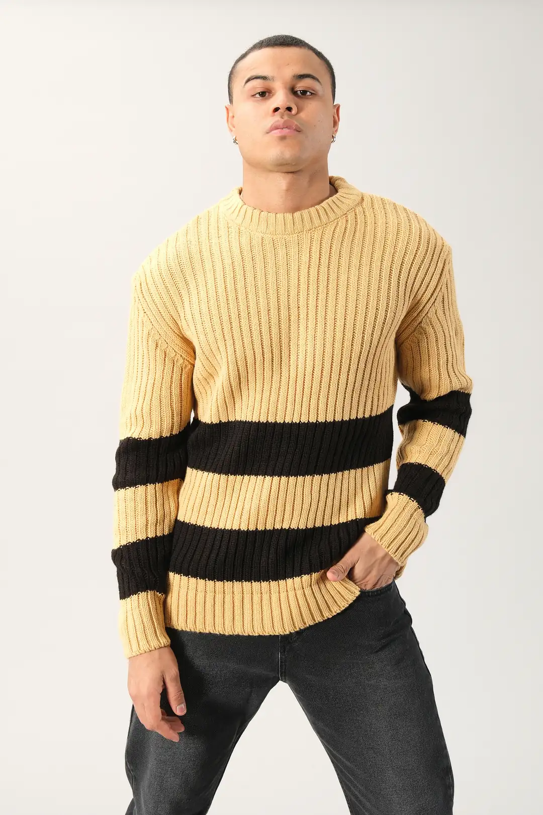 Deve Tüyü Çizgili Bisiklet Yaka Kazak