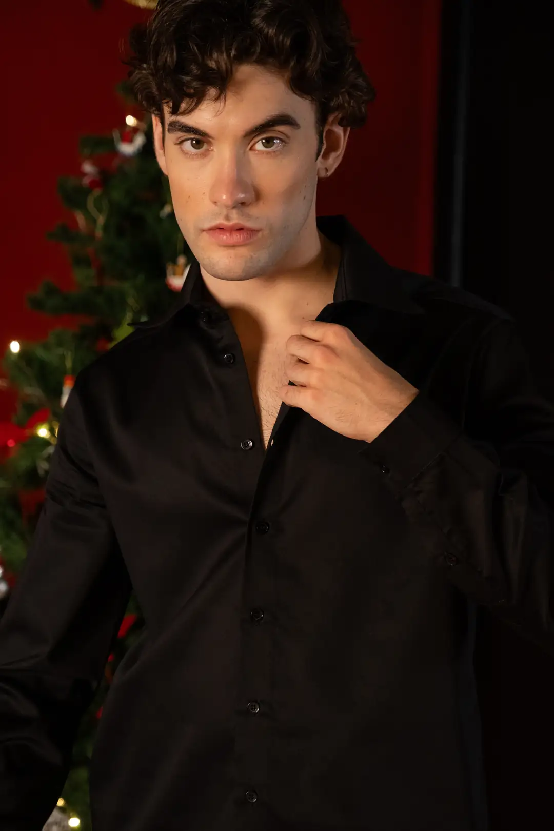 Erkek Pamuk Saten Uzun Kollu Siyah Gömlek