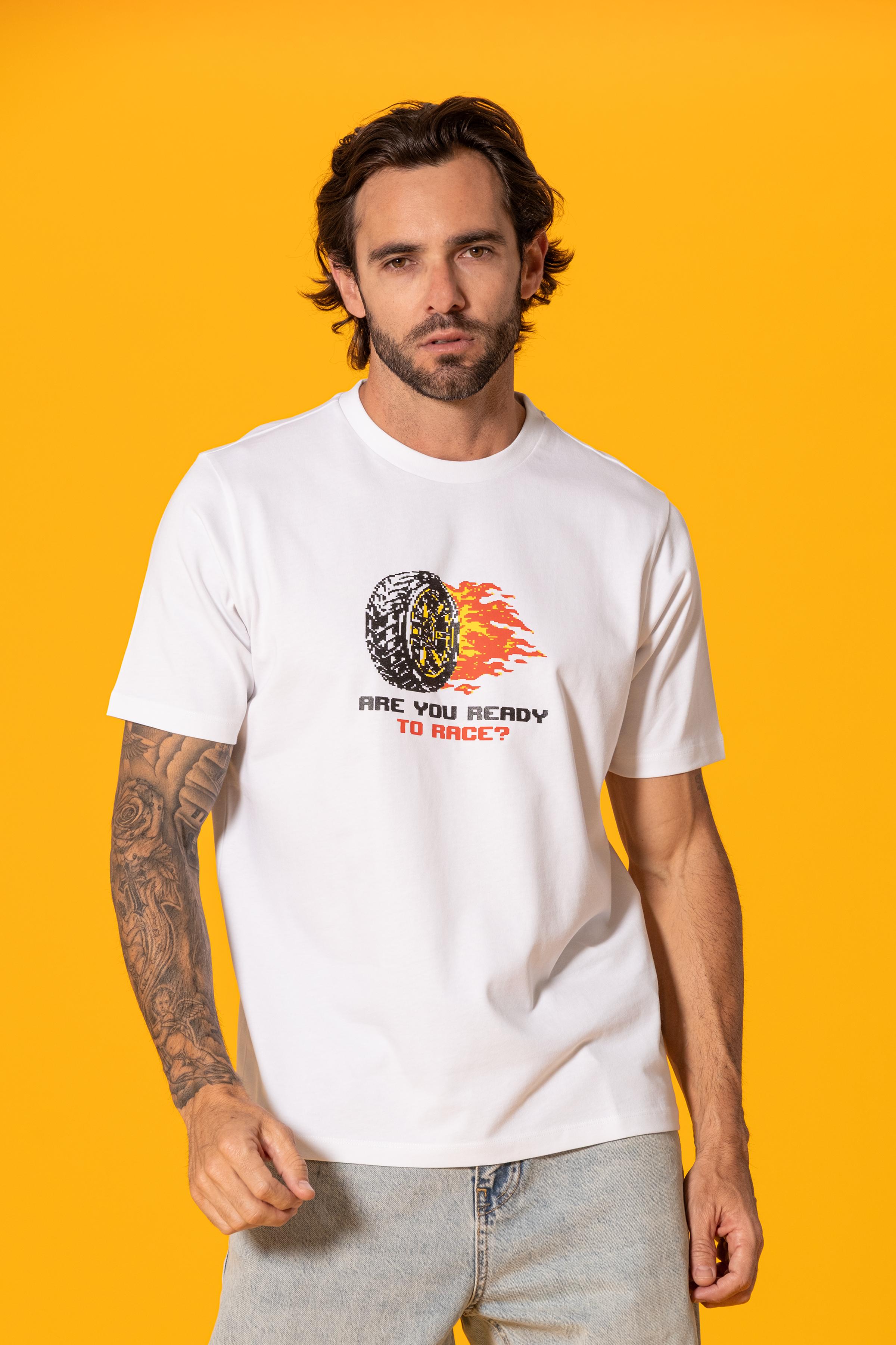 Minimal Tekerlek Baskılı Beyaz Regular Tişört