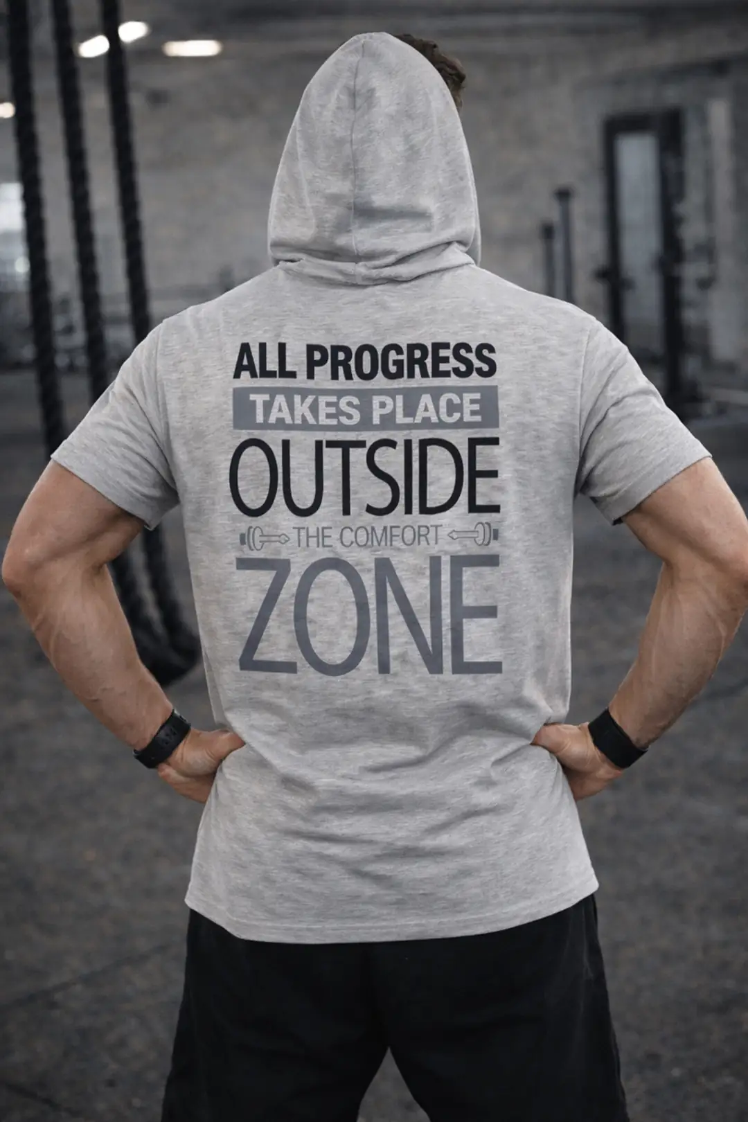 Erkek Gri Melanj Kapüşonlu Kısa Kollu Hoodie