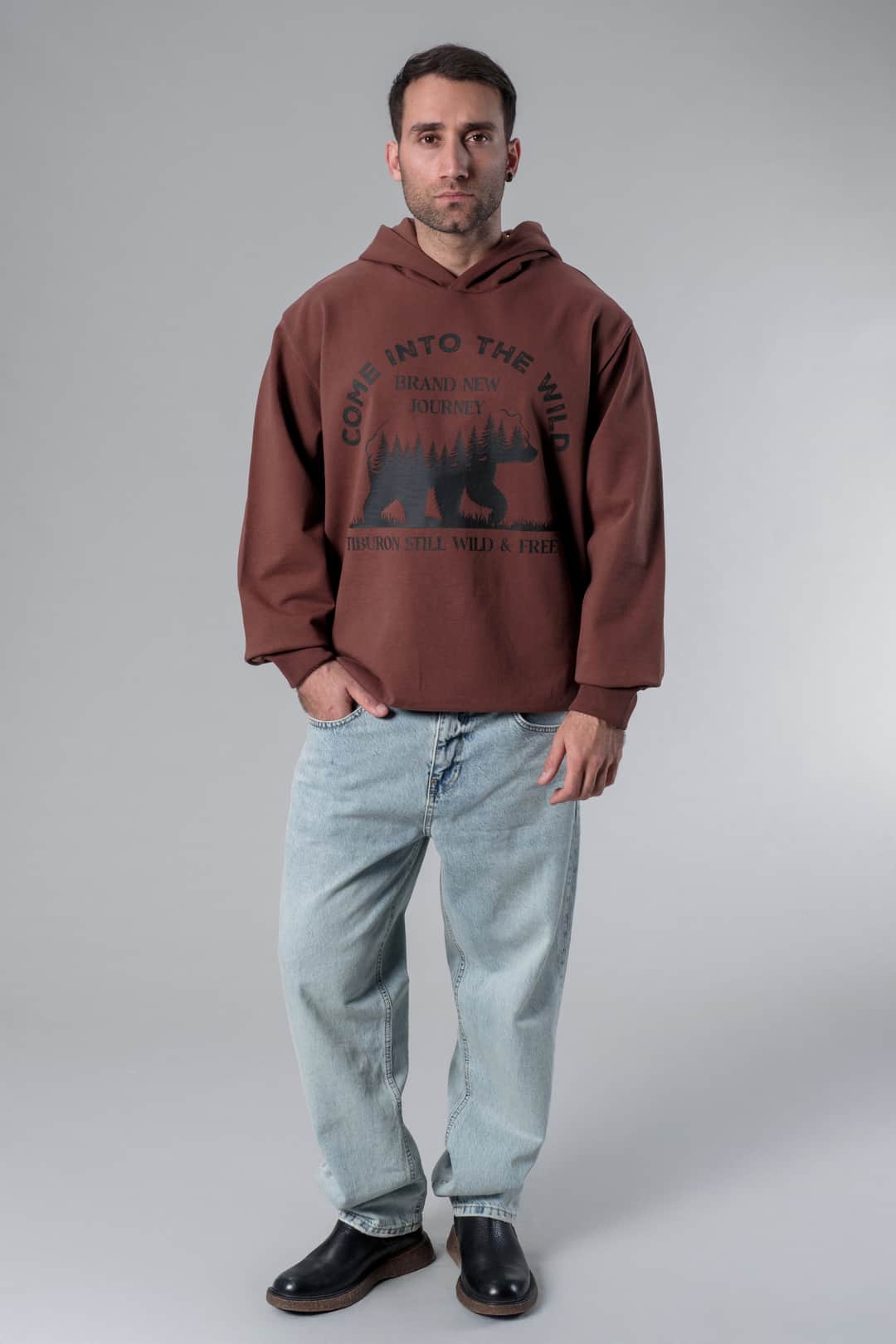 Baskılı Kahverengi Oversize Hoodie