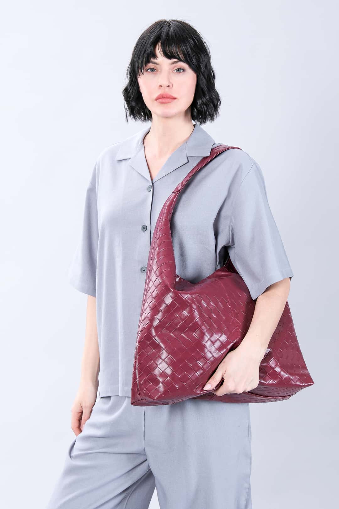 Örgü Desenli Bordo Çanta