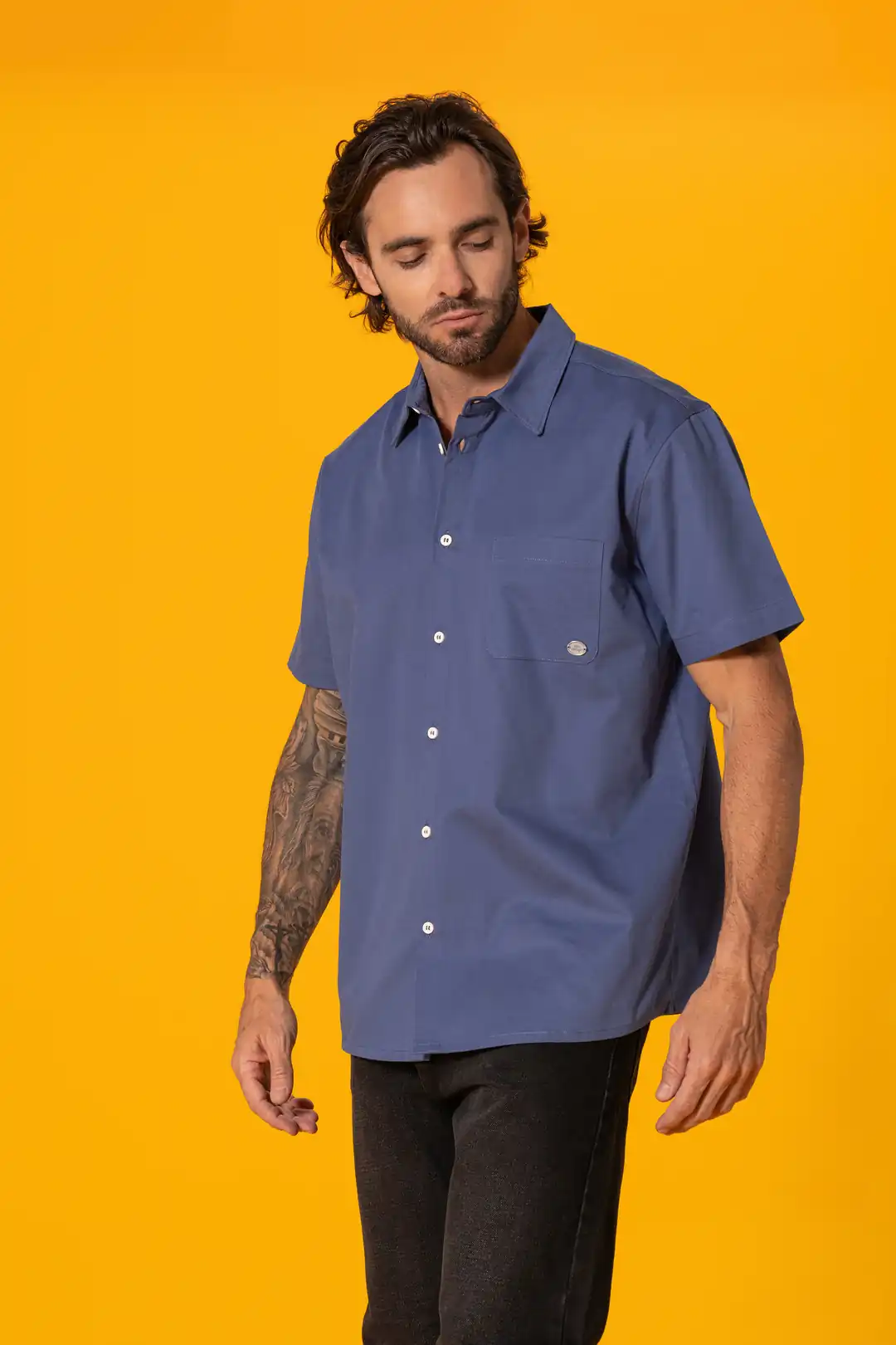 Aksesuar Detaylı Mavi Gabardin Gömlek